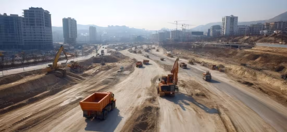 Wide view of a large construction site with multiple dump trucks and excavators working on a dirt road, surrounded by buildings and cranes in the background.