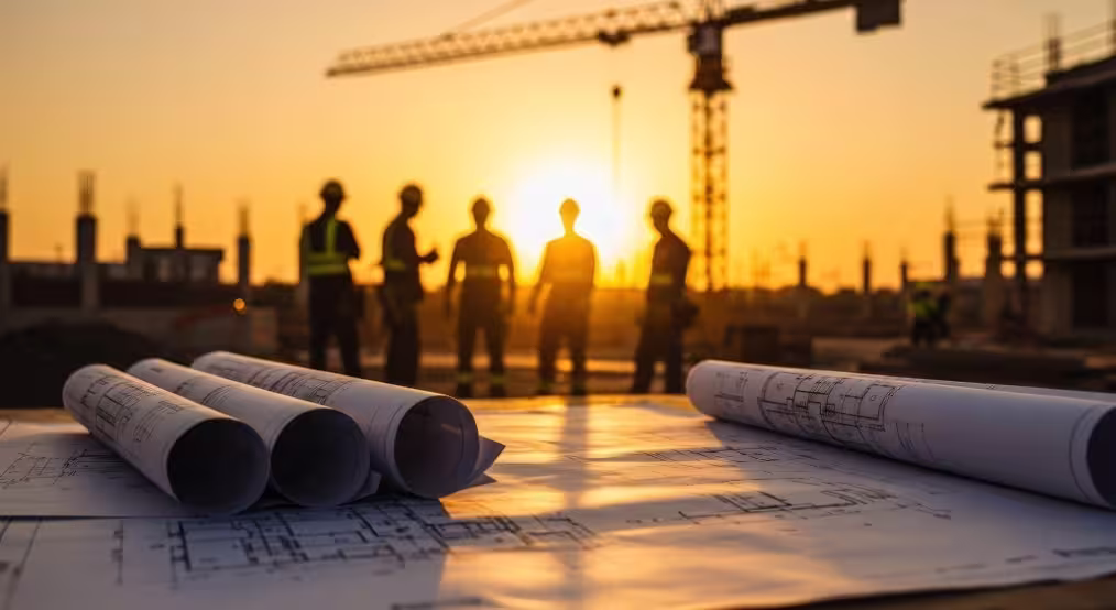 Rolled architectural blueprints on a table with project engineers and a crane silhouetted against a sunset in the background.