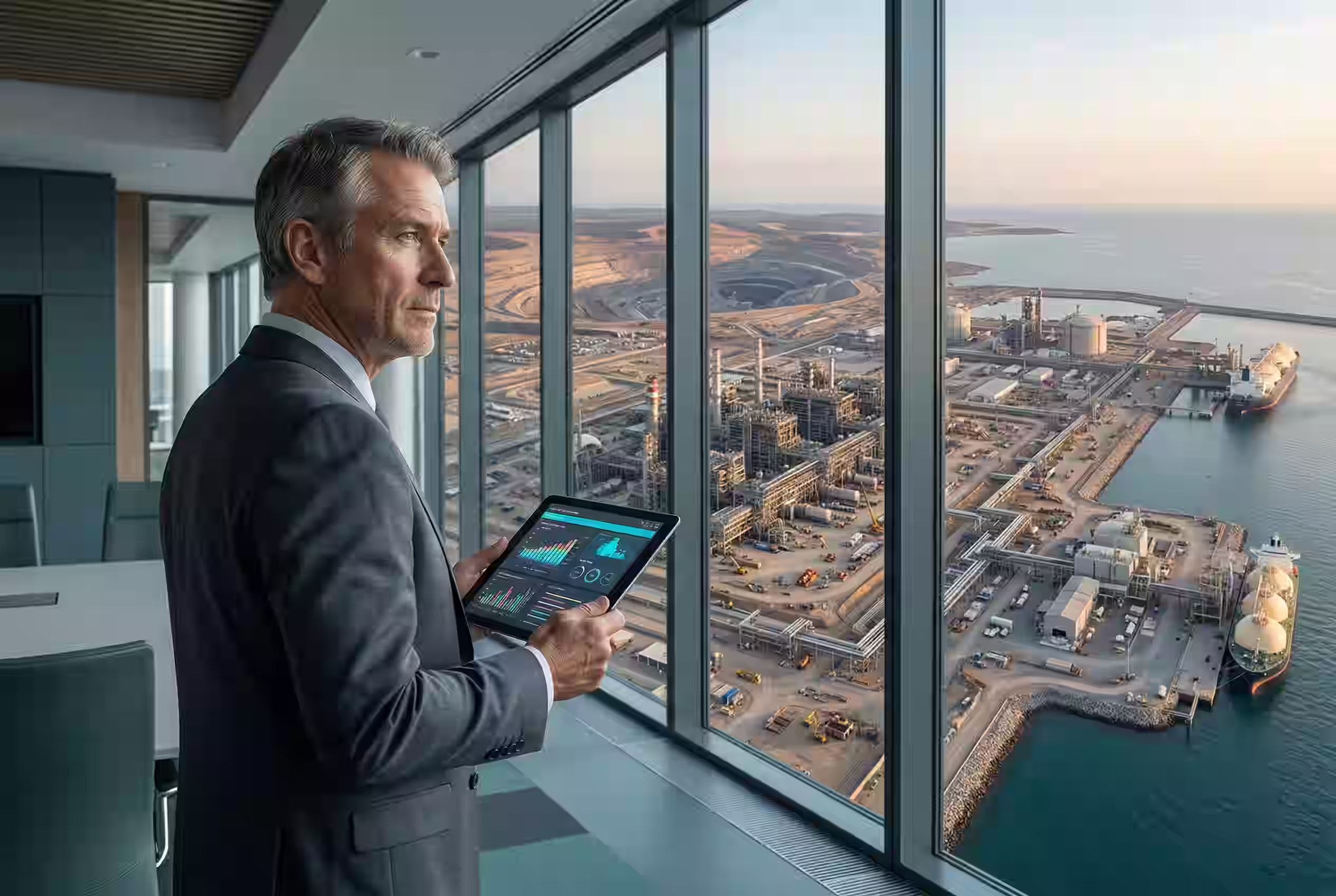 Executive standing in a boardroom overlooking a large EMR industrial worksite while reviewing project delivery assurance data on a tablet.