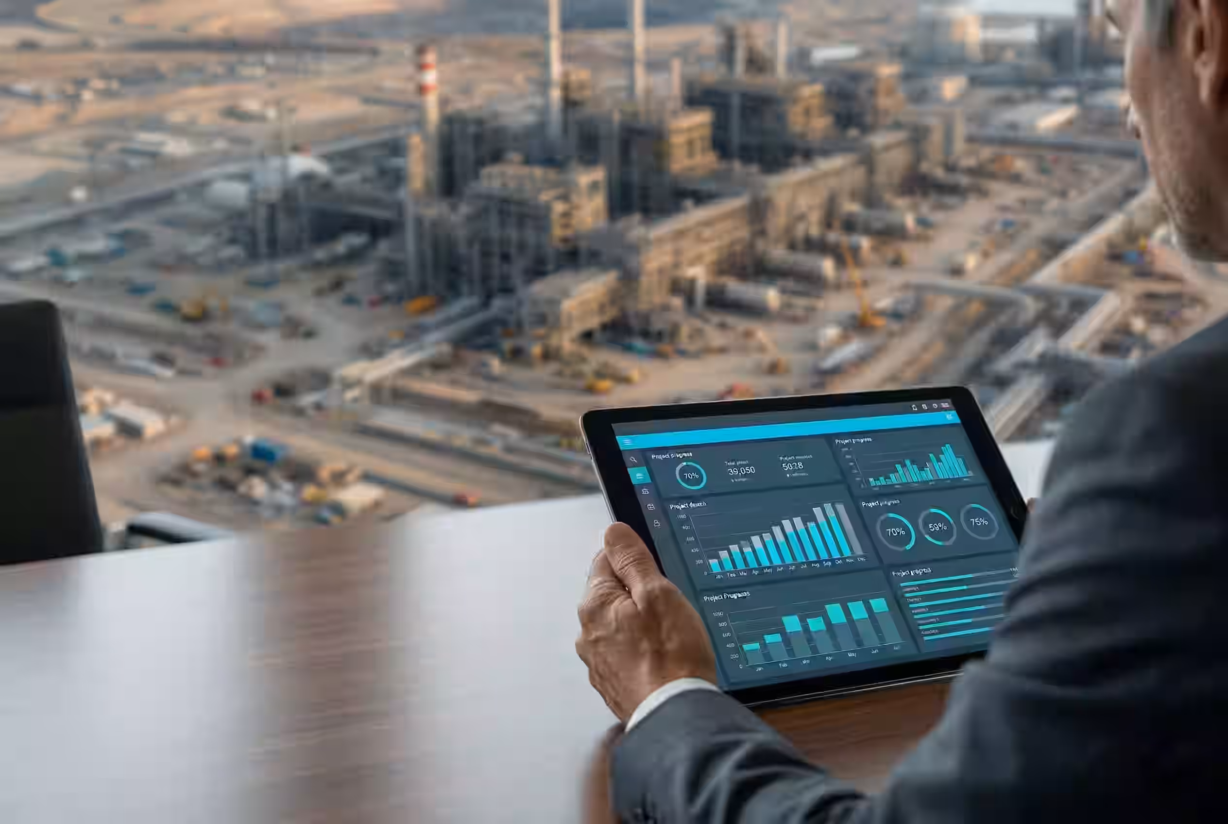 Close-up of an executive reviewing pristine project status dashboards on a tablet, with a complex, blurred construction worksite in the background highlighting the reporting gap.