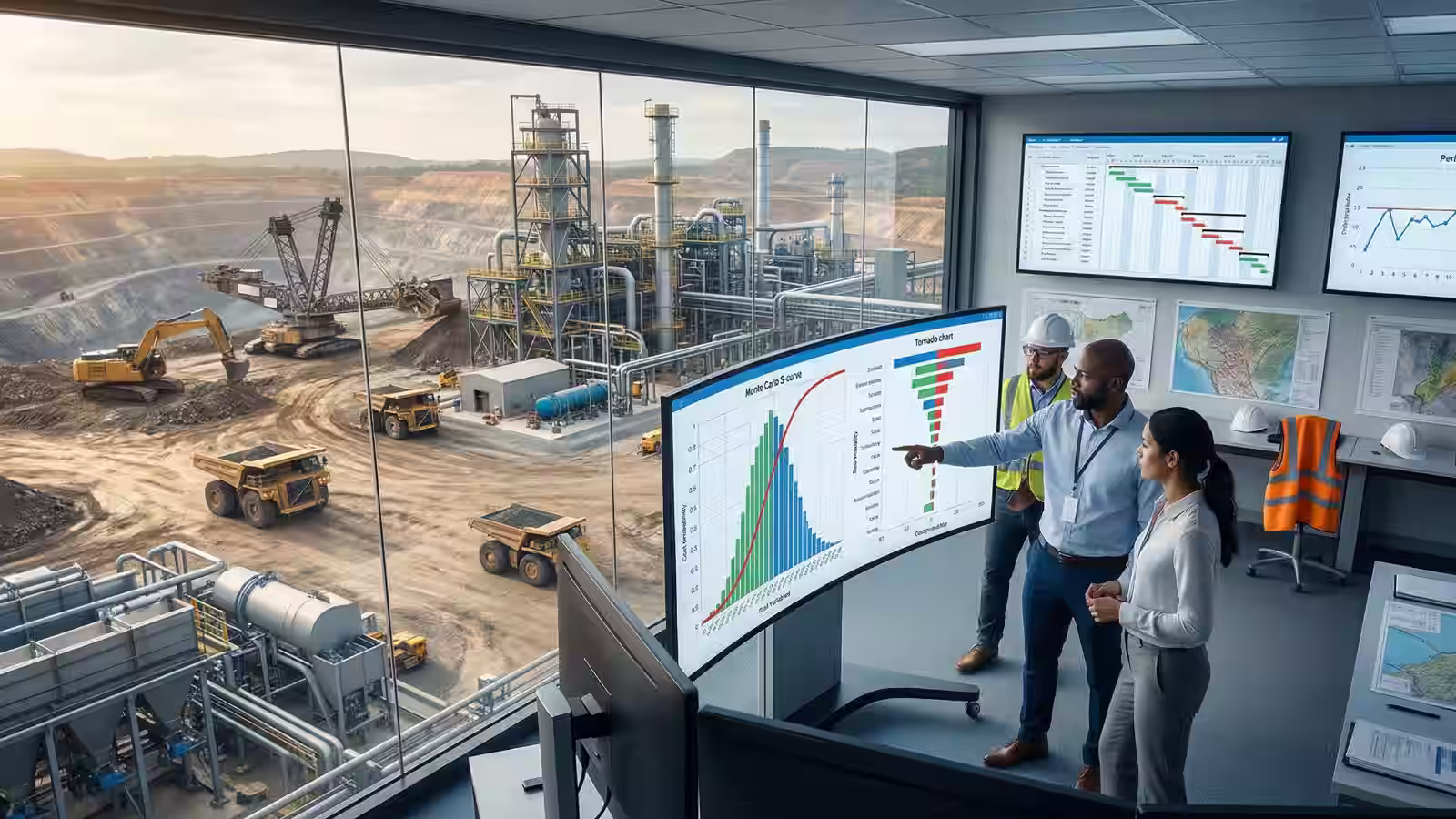 Three professionals discussing data charts on monitors in a control room overlooking an active mining site with heavy machinery.