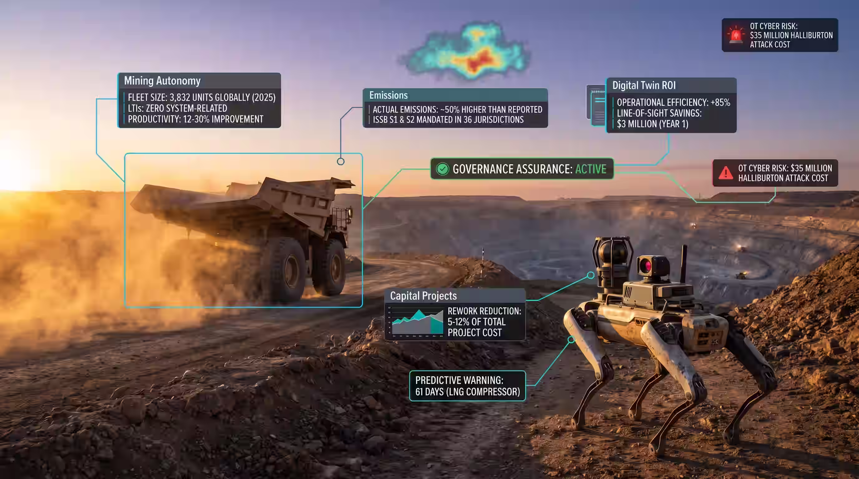 Mining site at sunset with a large dump truck and a four-legged robotic vehicle, overlaid with data insights on mining autonomy, emissions, digital twin ROI, capital projects, predictive warnings, and cybersecurity risks.