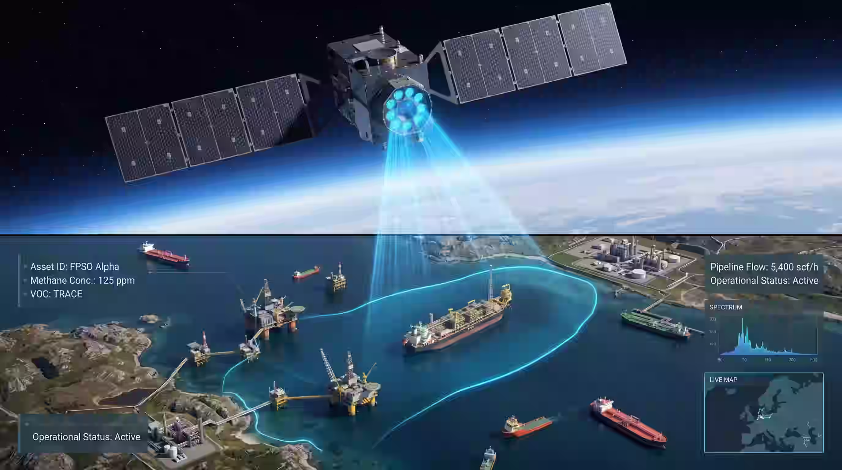 Satellite scanning offshore oil platforms and ships with data overlays showing methane concentration, pipeline flow, operational status, and live map.