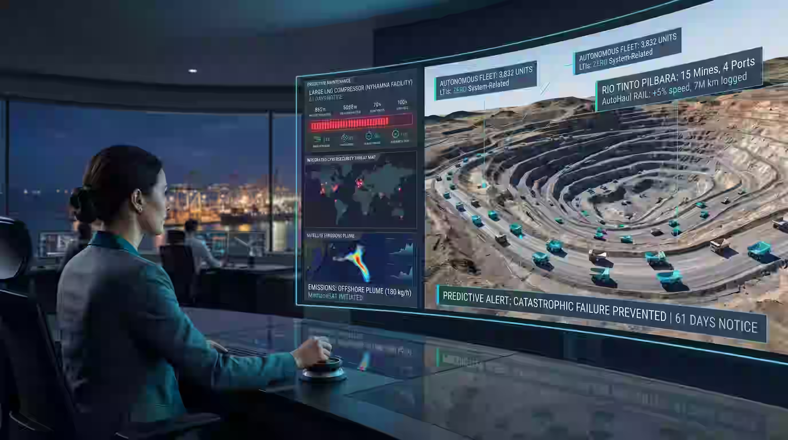 Woman monitoring a large curved digital screen displaying autonomous fleet data and predictive maintenance for a mining site at night.