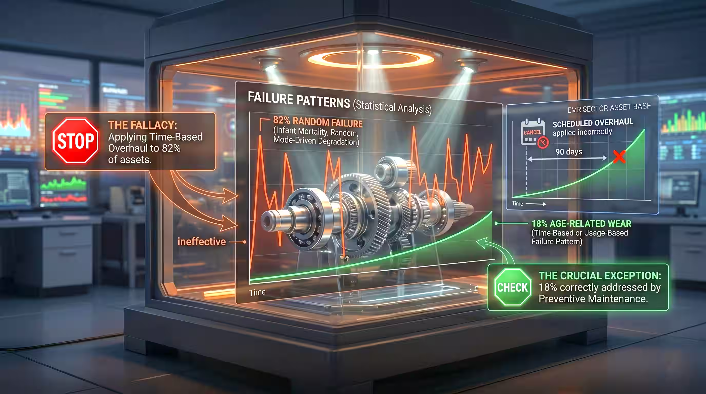 3D engine component model with infographic explaining failure patterns: 82% random failure with irregular spikes, 18% age-related wear increasing over time, highlighting preventive maintenance effectiveness.