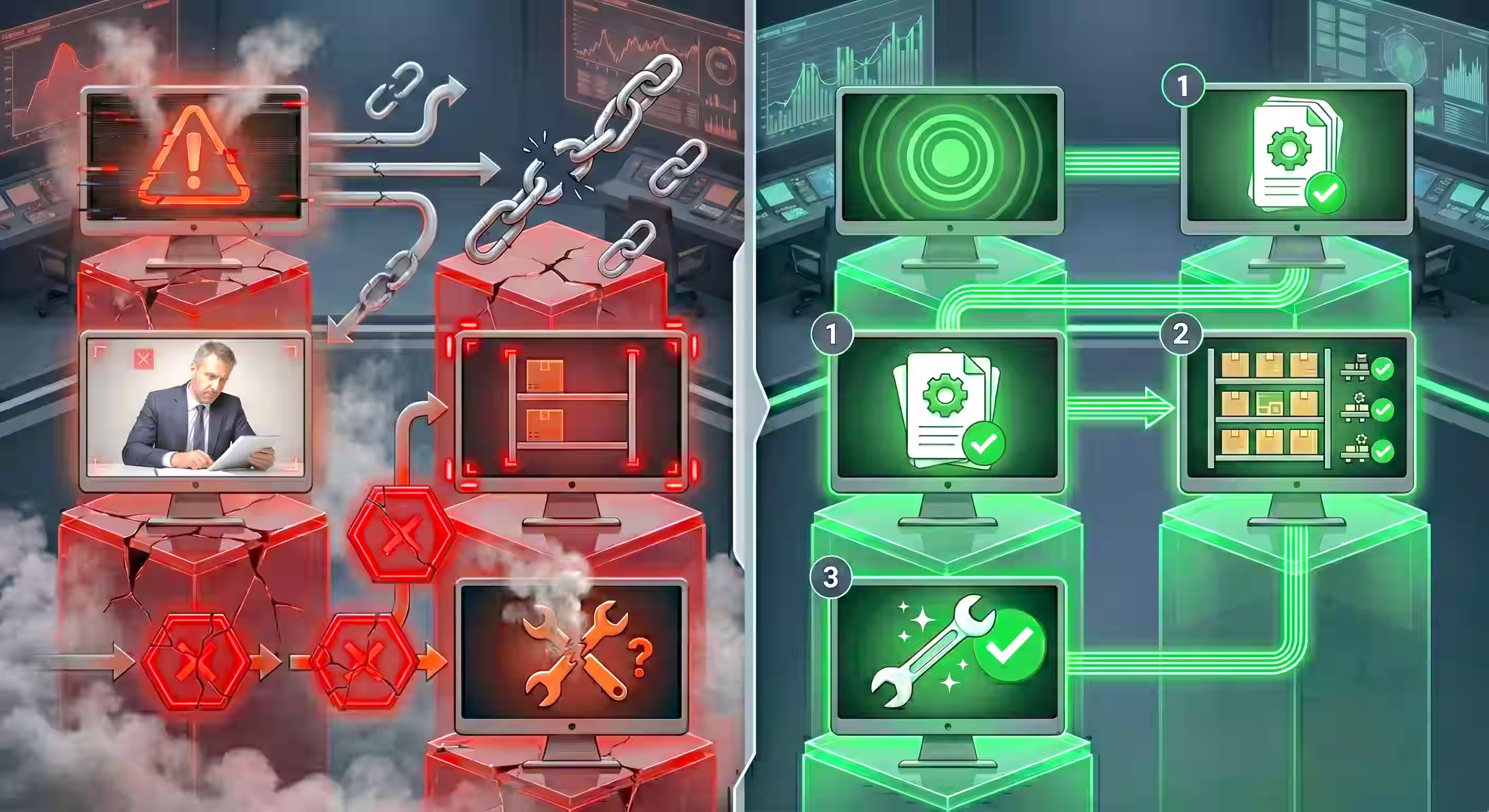 Split image showing a broken, error-prone computer network on the left in red with warning symbols and broken chains, contrasted with a stable, efficient network on the right in green with check marks and organised system icons.