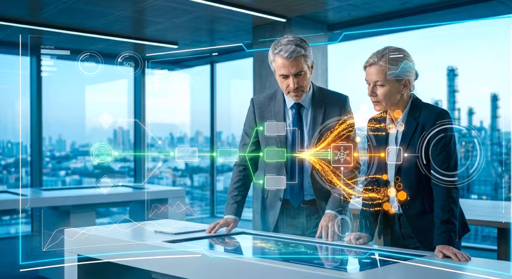 Two project assurance professionals standing at ai digital interface analysing futuristic data flow graphics.