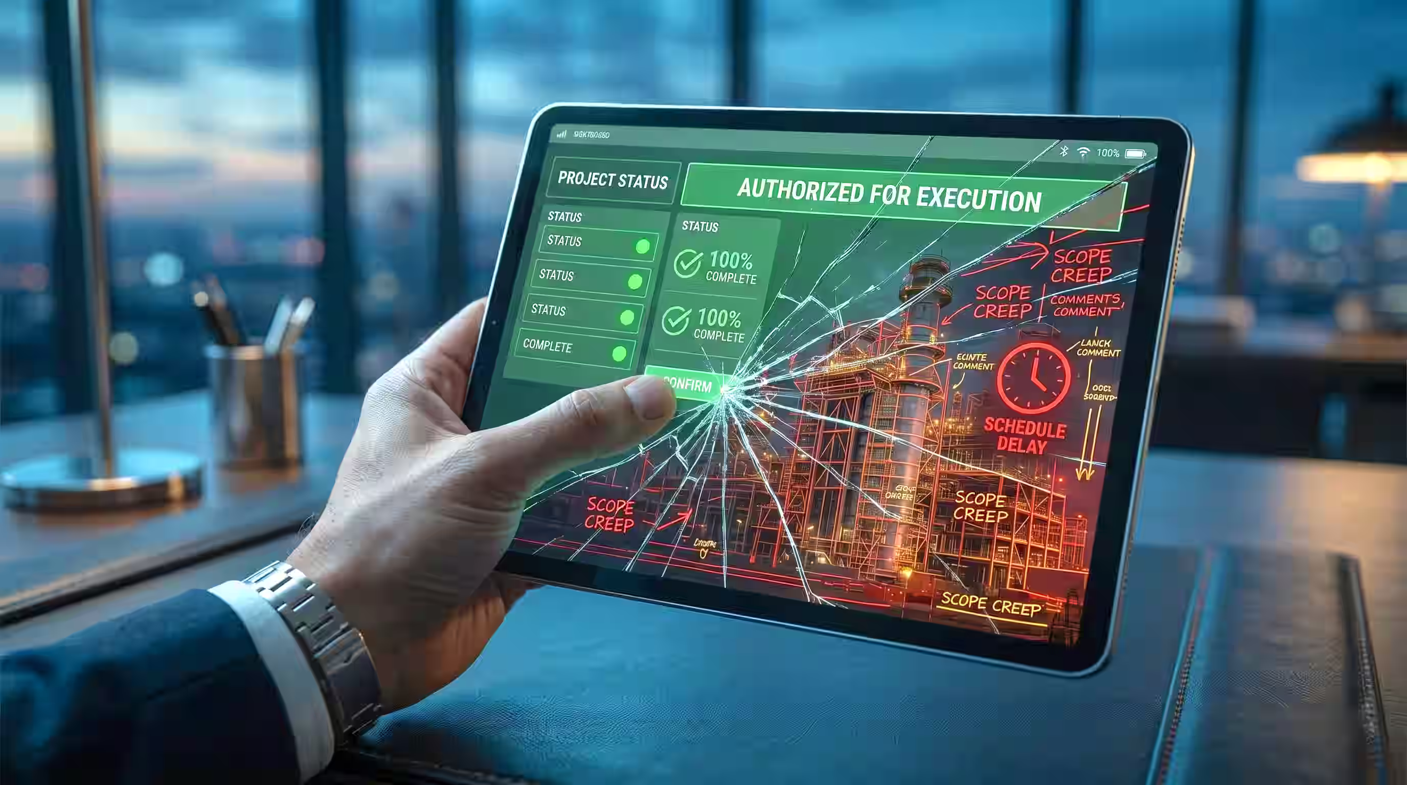 Hand holding cracked tablet displaying project status with 100% complete and warnings of scope creep and delay.
