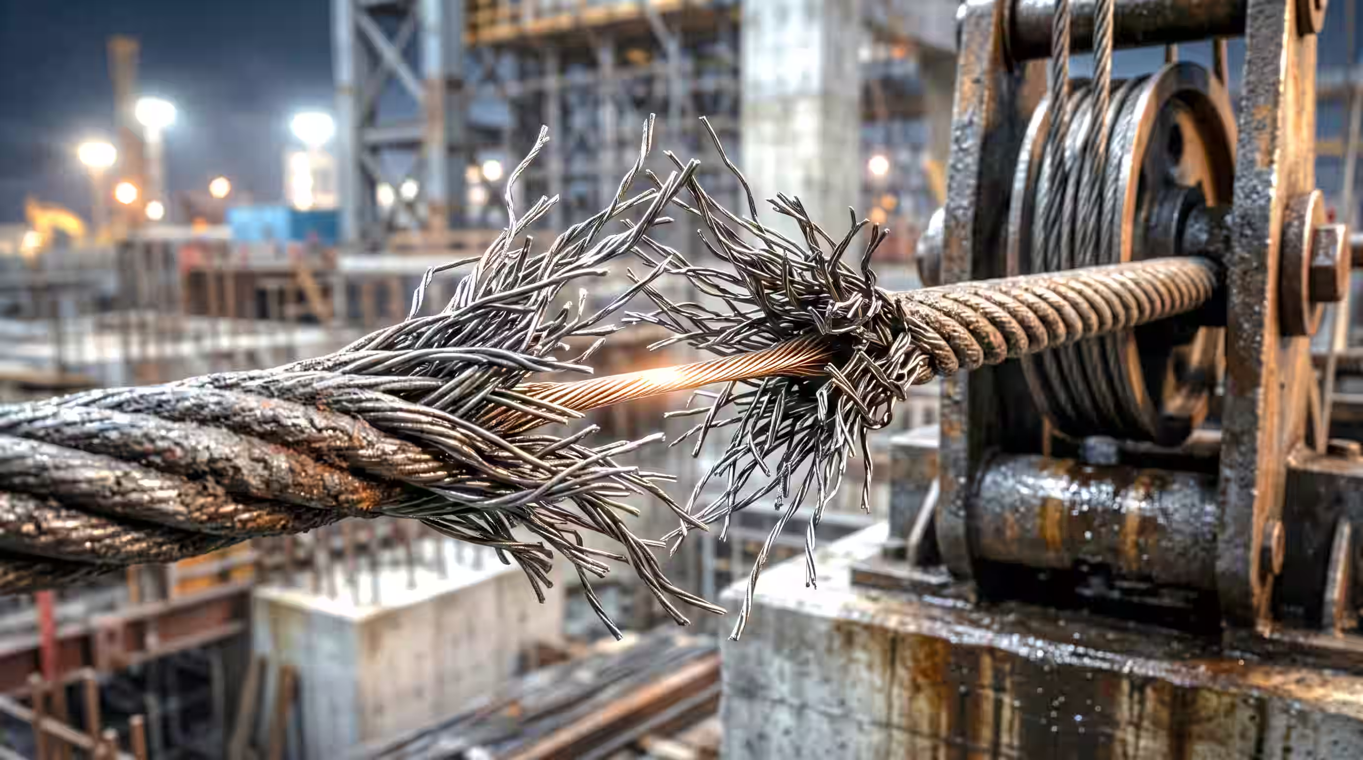 Frayed steel cable strands threatening to snap on industrial construction site at night, depicting front end loading (FEL) issues in projects.