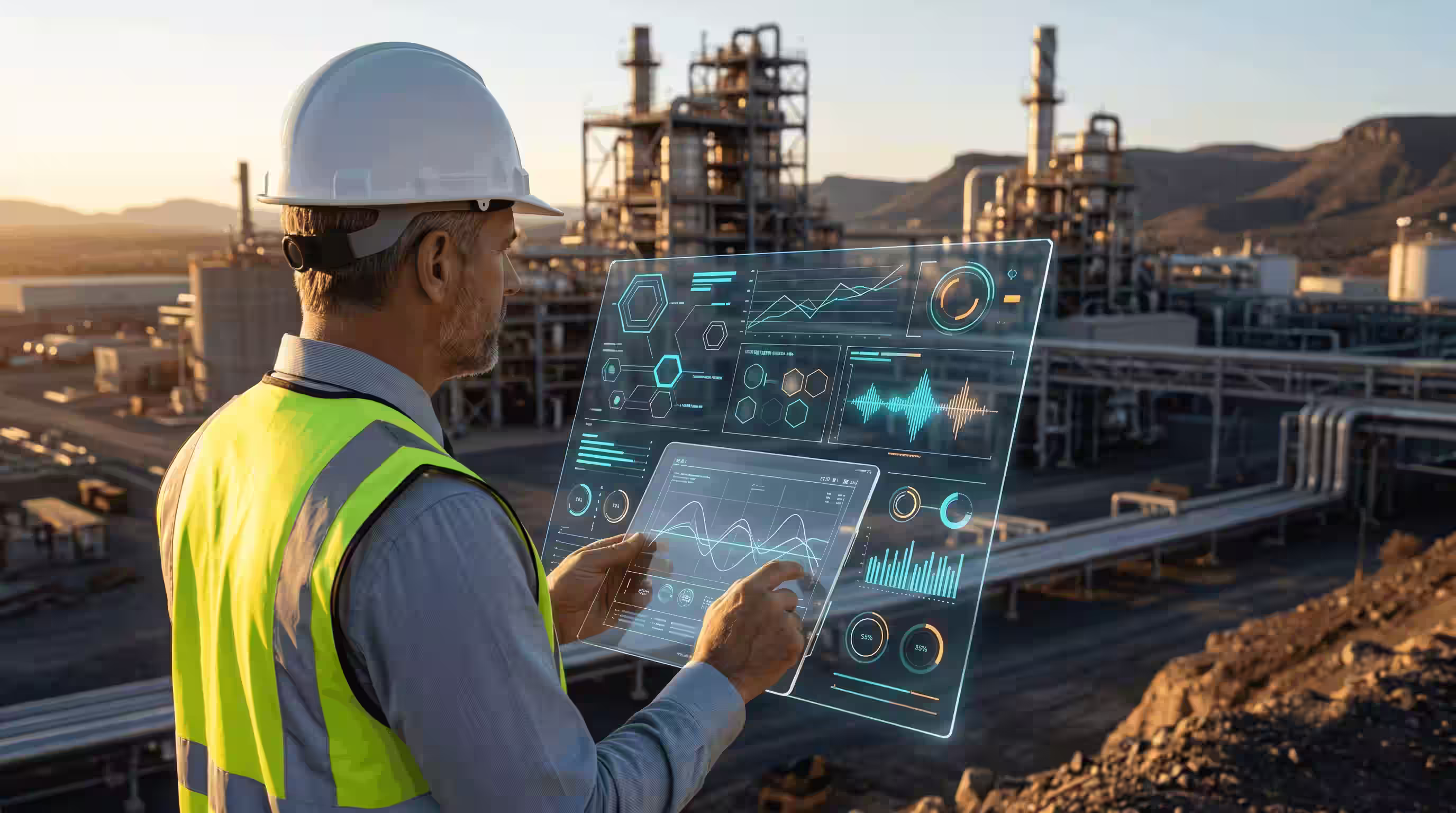 Project Engineer in hard hat and vest using a futuristic touchscreen with data graphs in an industrial plant.