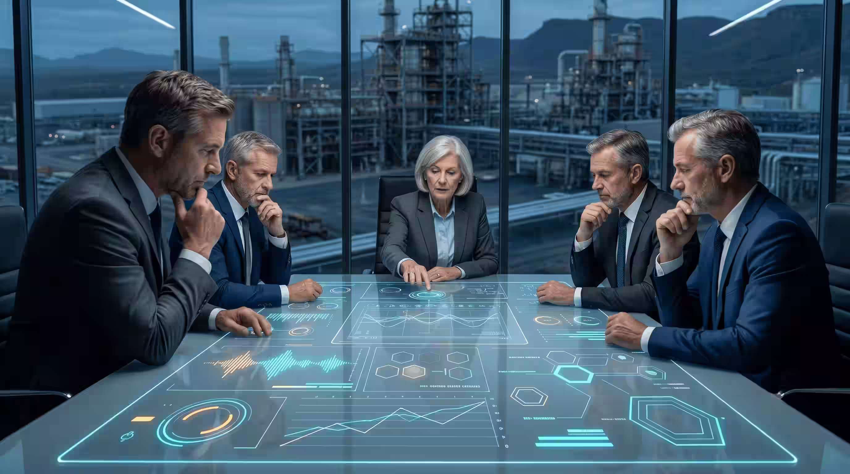 Five project assurance consultants in suits analyse project data on a futuristic interactive table in an industrial office.