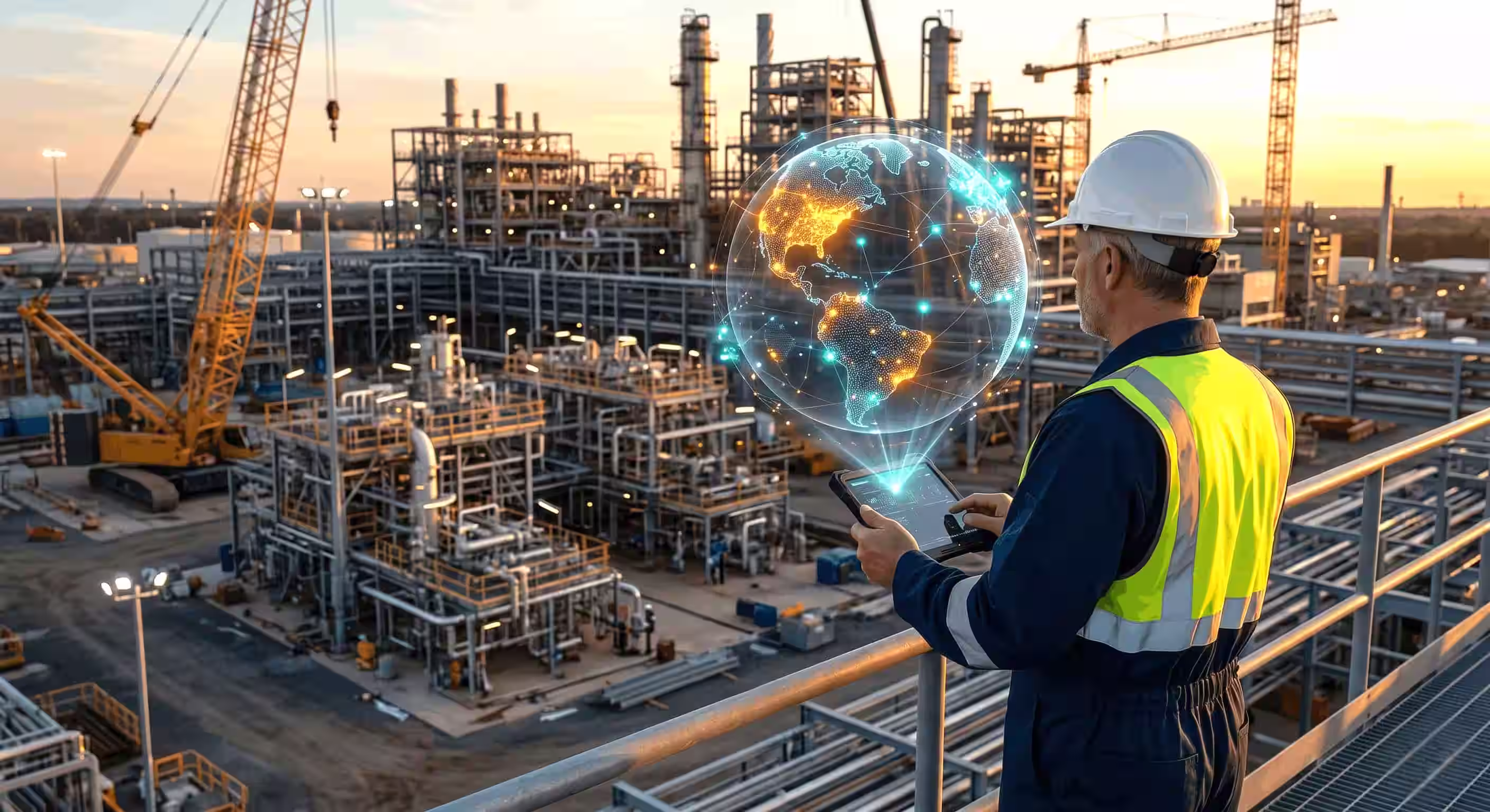 Project Assurance Engineer in safety gear using tablet with glowing digital globe overlay at industrial plant at sunset.