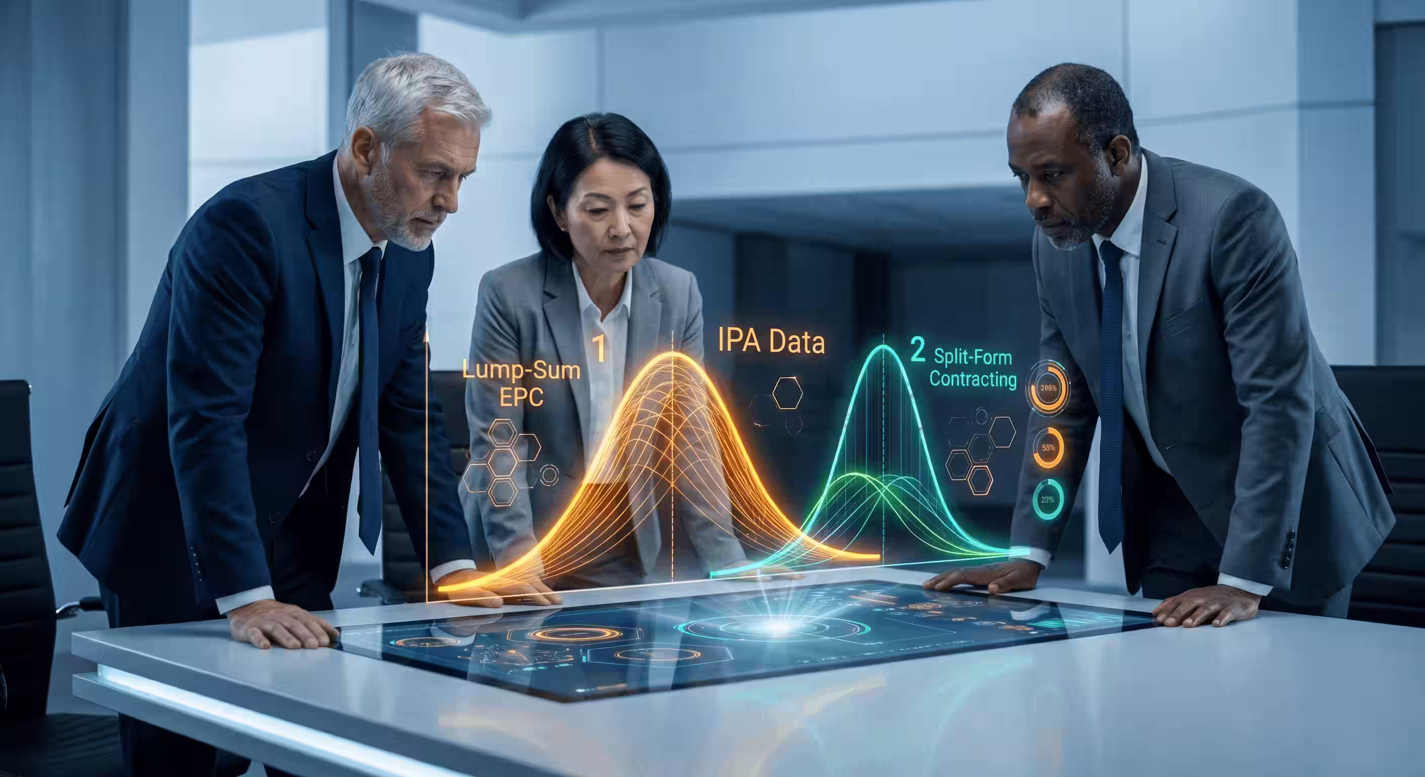 Three business professionals analyse colourful digital graphs labeled Lump-Sum EPC and Split-Form Contracting on a table.