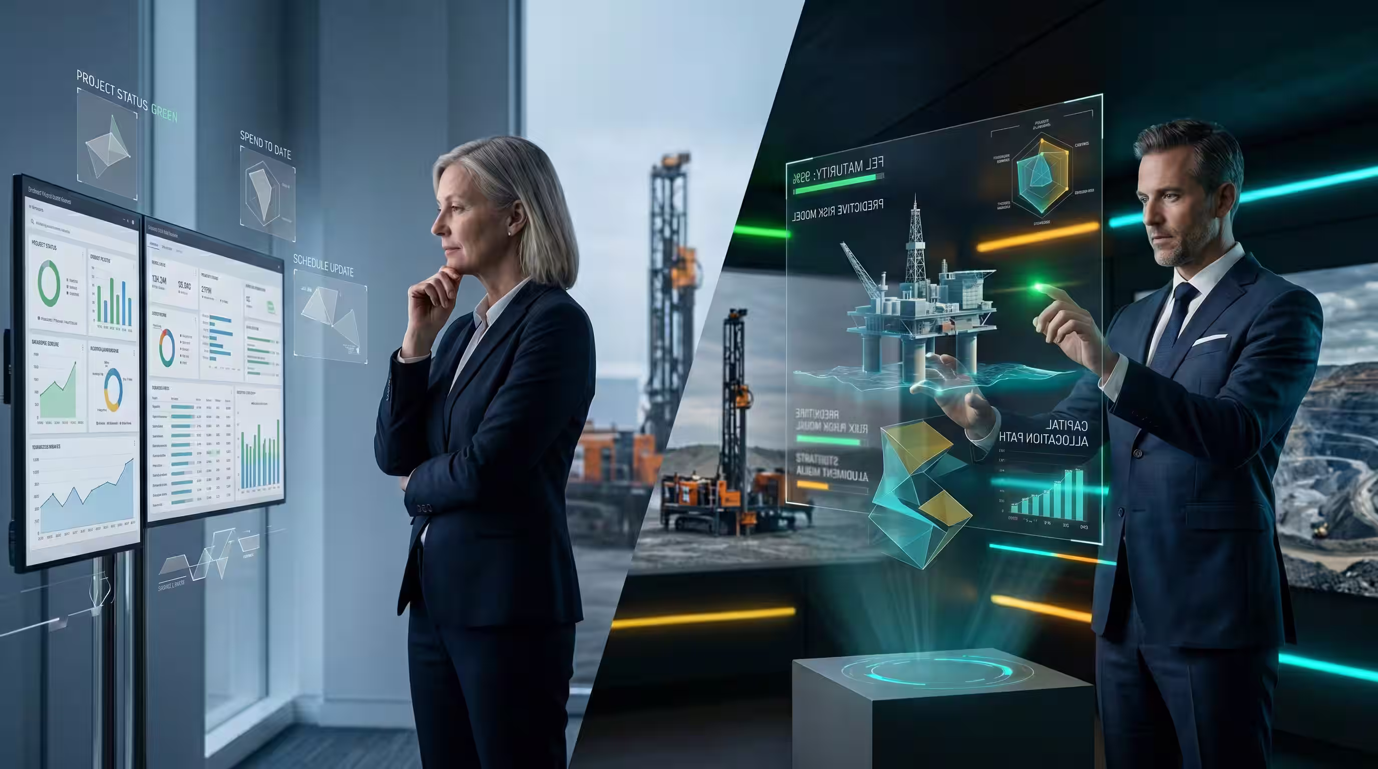 Two project assurance professionals analyse data on digital and holographic screens with industrial drilling rigs in backgrounds.