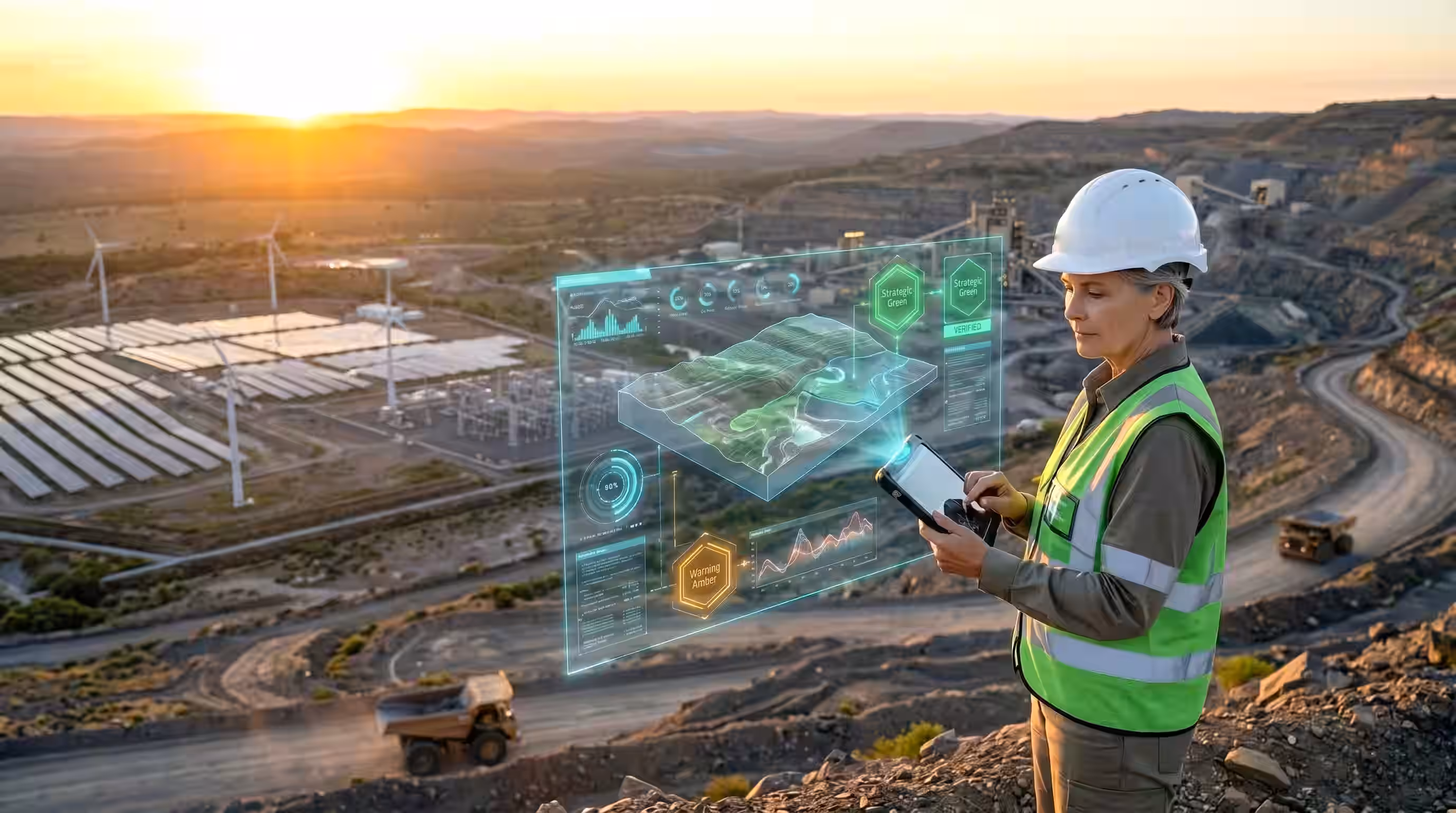 Project engineer in safety vest using tablet with holographic data overlay at a mining site with solar and wind power.