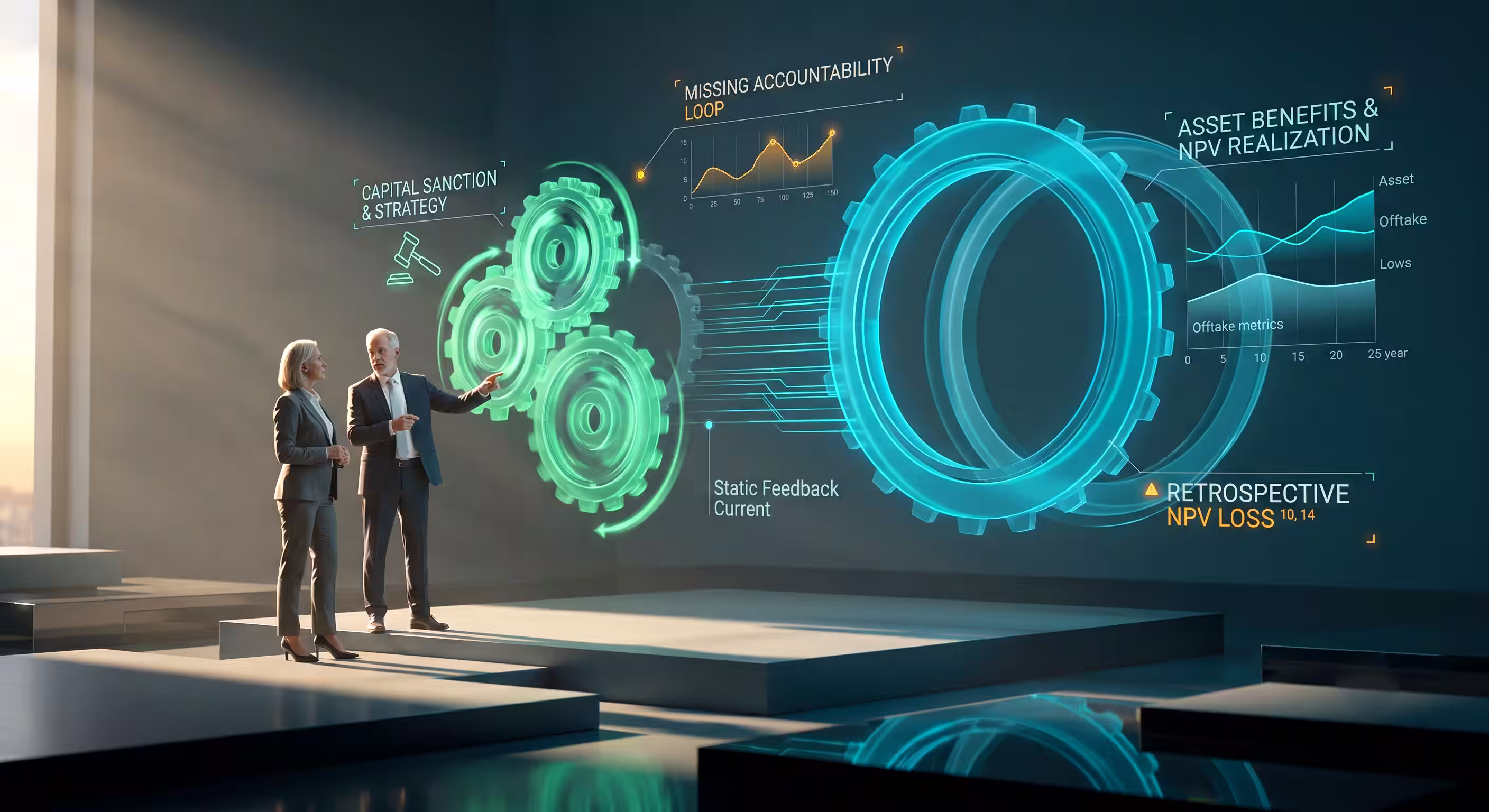Two project assurance professionals discuss green and blue holographic gears with charts and labels in a futuristic setting.