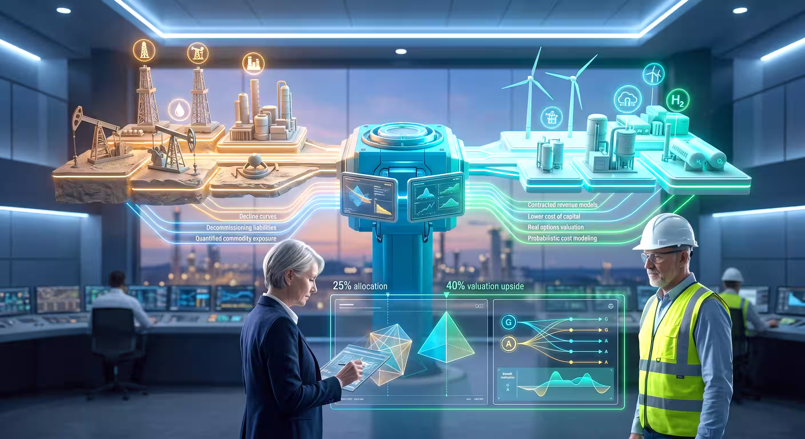 Two project assurance consultants analyse energy industry data with oil rigs on the left and wind turbines on the right.