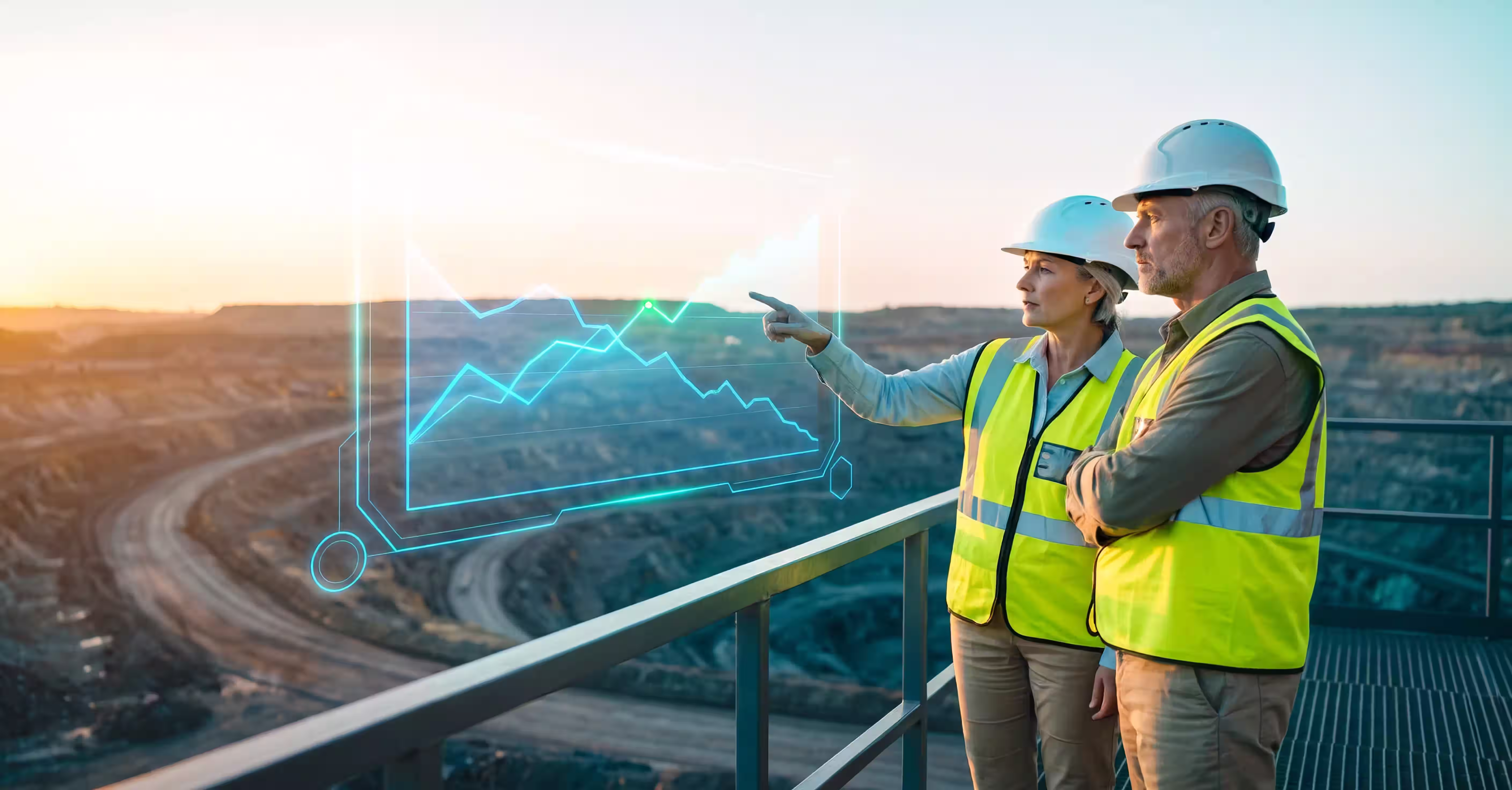 Two senior project assurance professionals in white hard hats and high-vis overlook an open-pit mine with a holographic chart showing diverging capital trends.