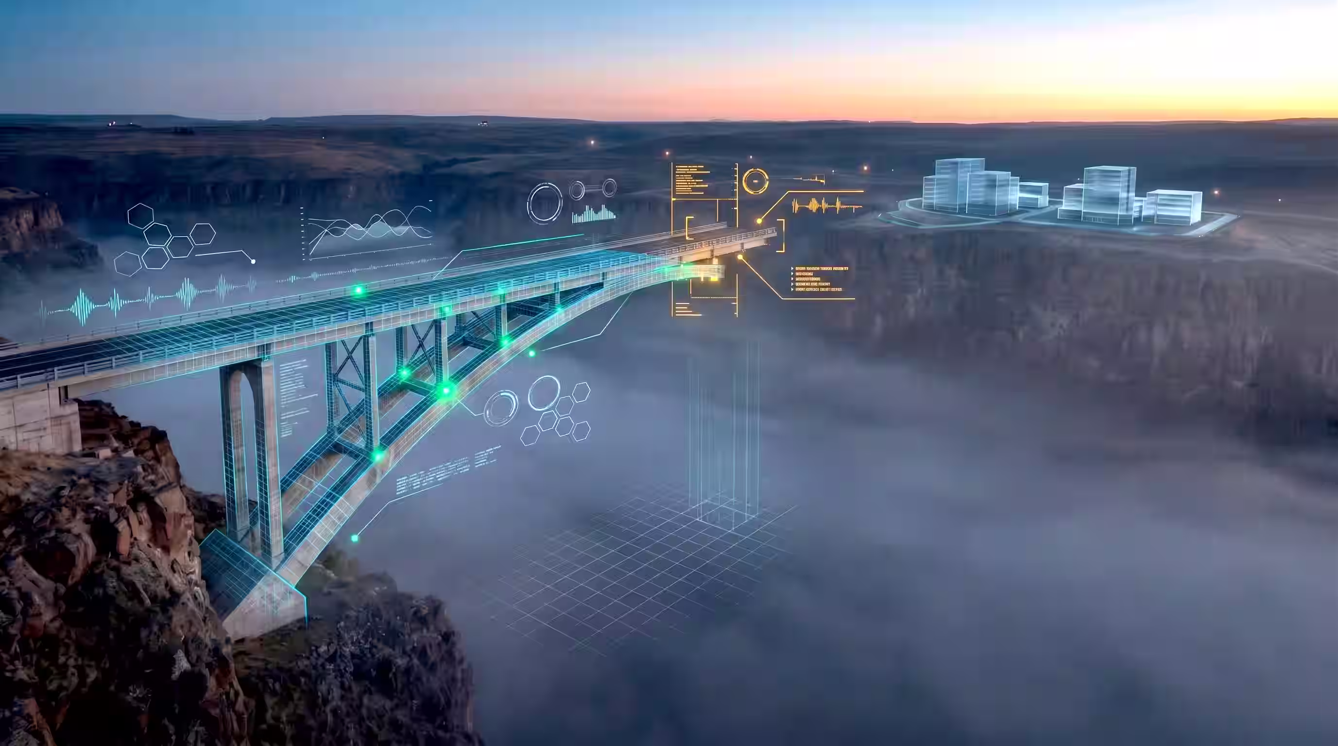AI digital overlay of a bridge with data points and graphics over a foggy canyon at sunset.
