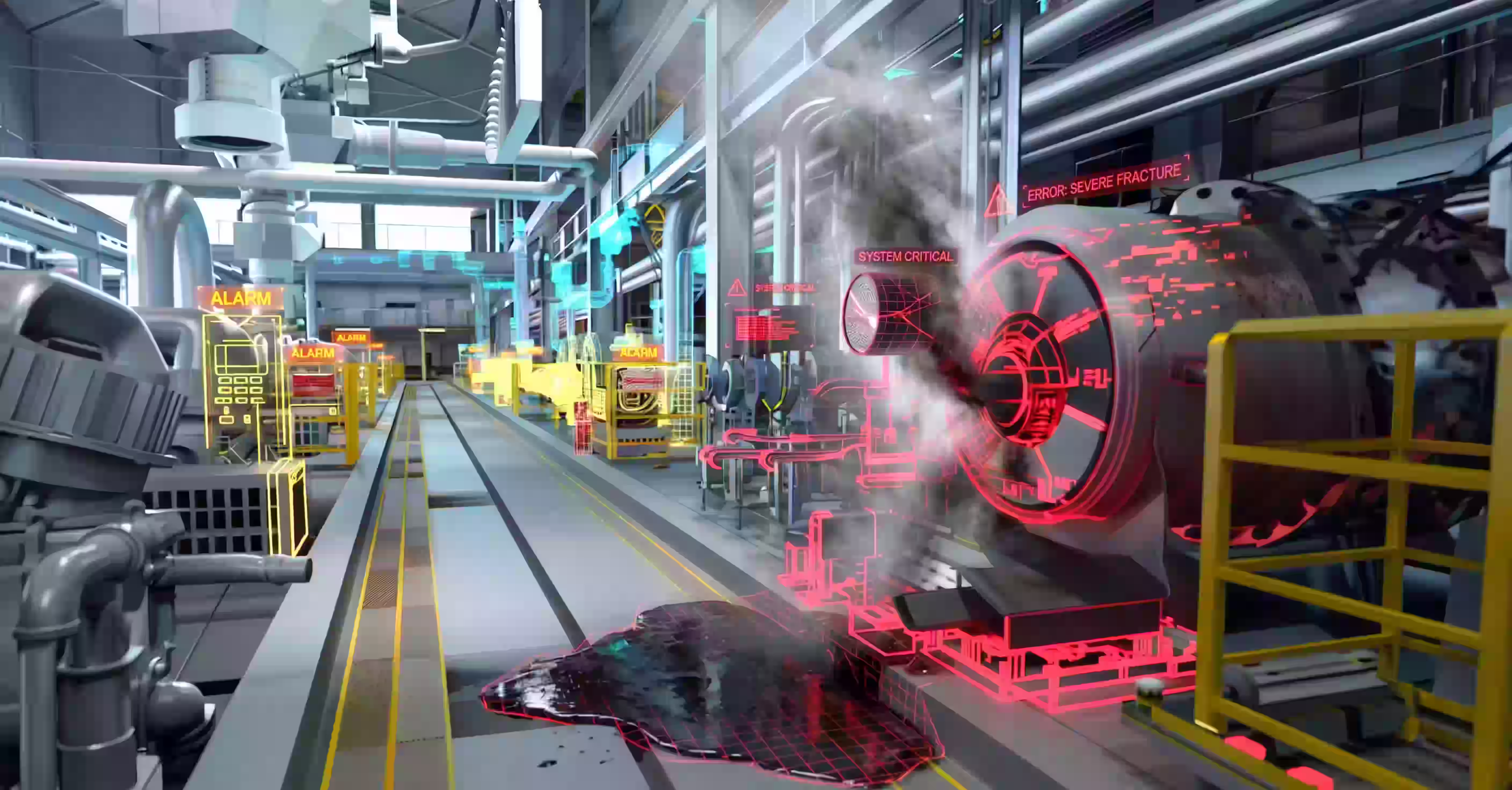 Industrial machine in factory with simulated steam and red alerts for system critical and severe fracture.