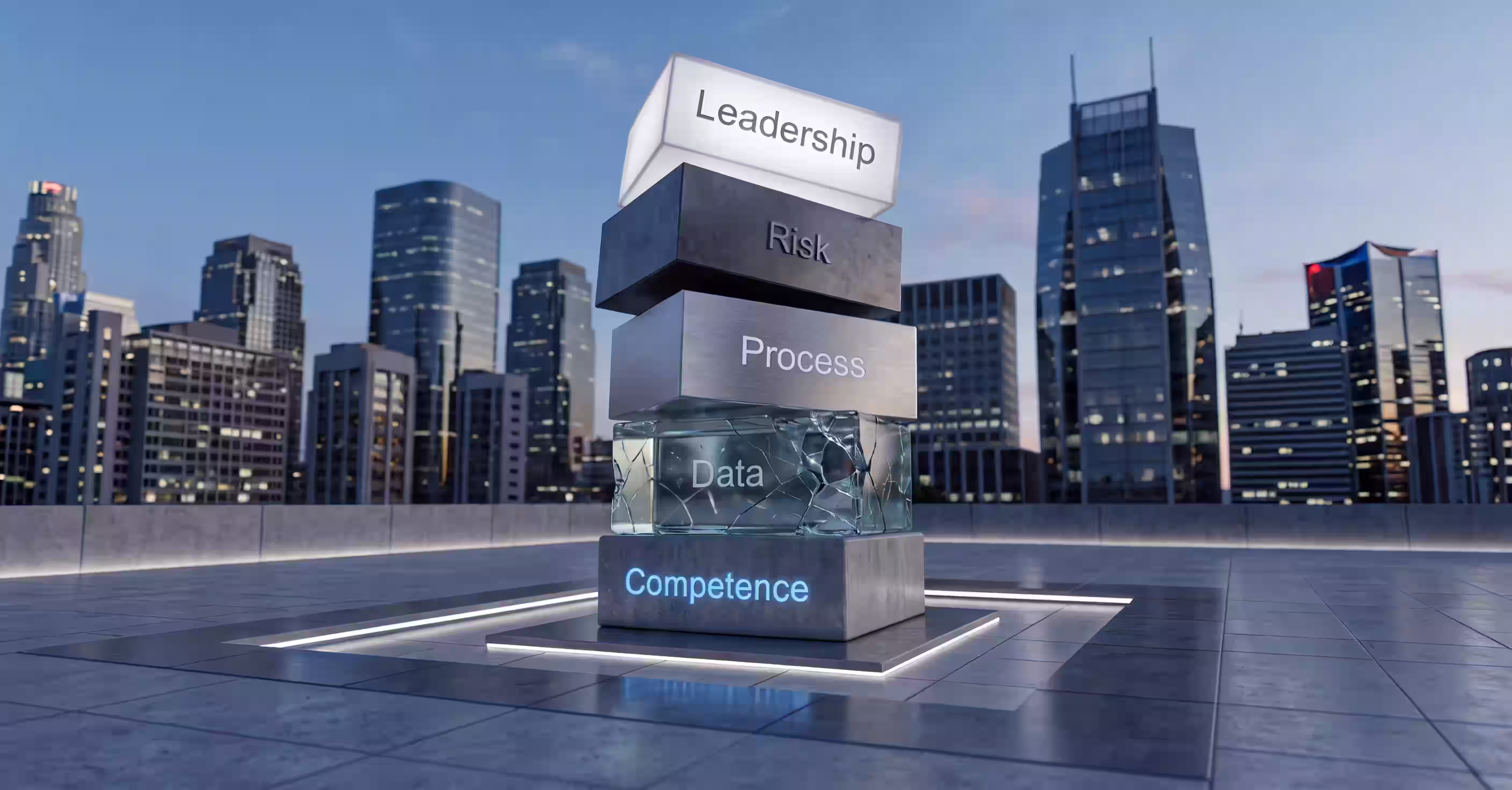 Stacked blocks labeled Leadership, Risk, Process, Data, and Competence on a rooftop with a city skyline, depicting AI project implementation.
