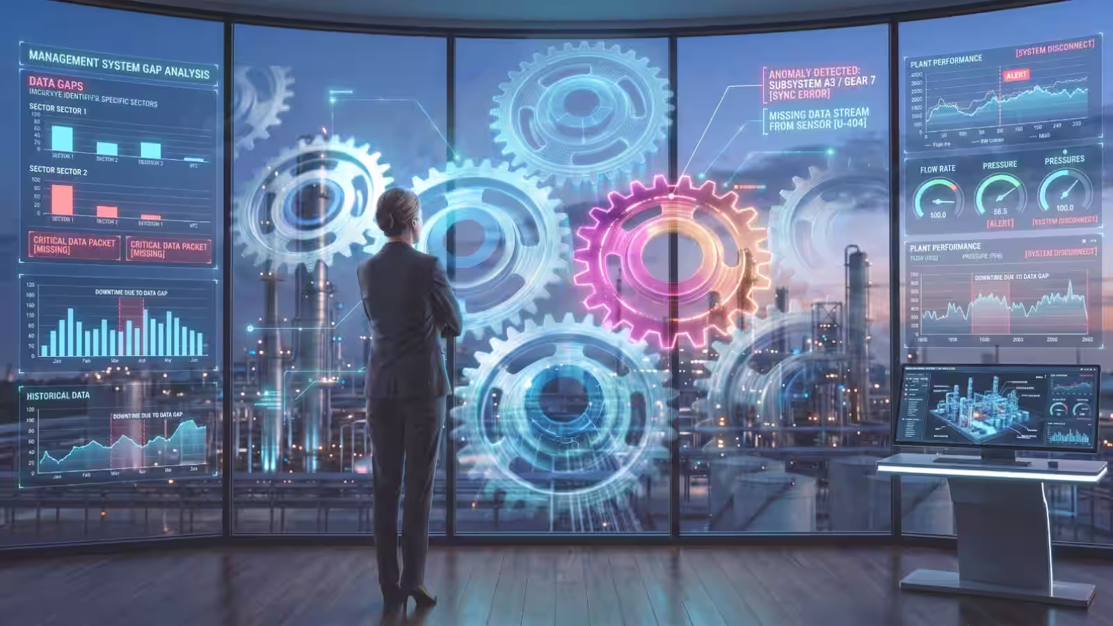Female project assurance consultant observing digital gears and data analytics on a large transparent screen in an industrial control room.
