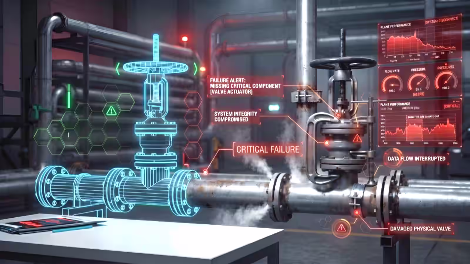 Industrial valve and pipe with augmented reality overlay showing critical failure points