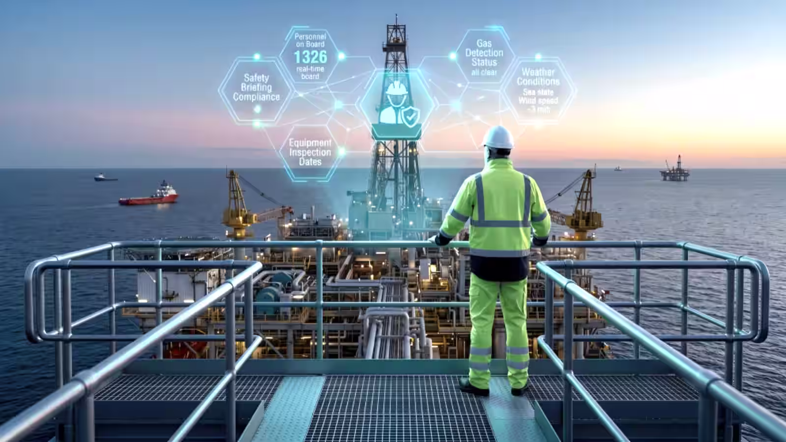 Project Assurance professional in reflective gear overlooking offshore oil rig with digital safety and weather data visuals.
