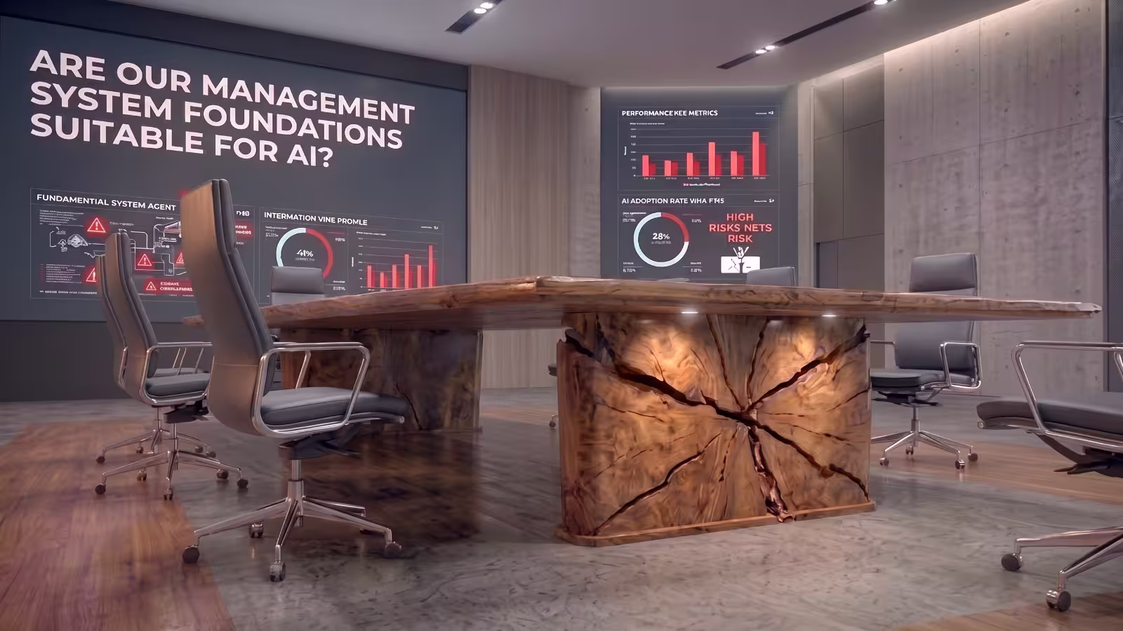 Modern conference room with a large wooden table and digital screens showing AI management system data.