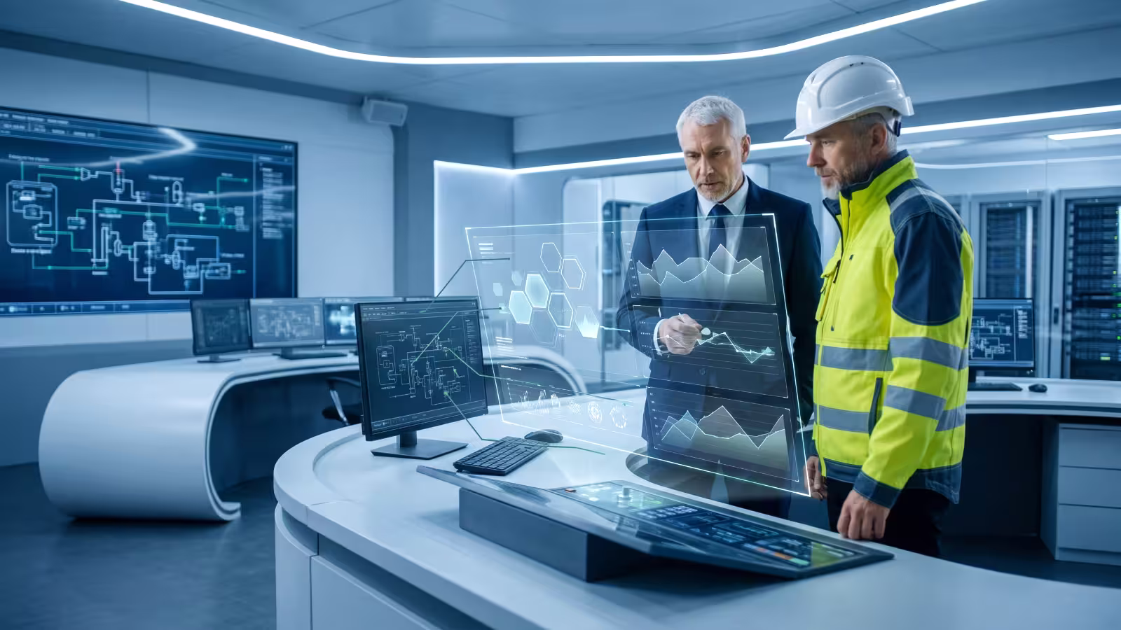 Engineer and businessman analyzing digital charts and data