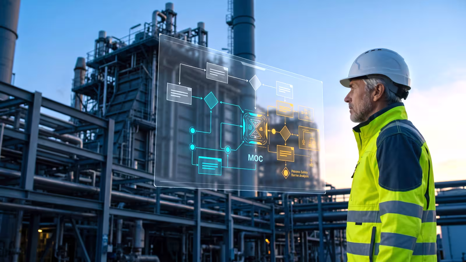 Engineer in safety gear examining a digital process flowchart
