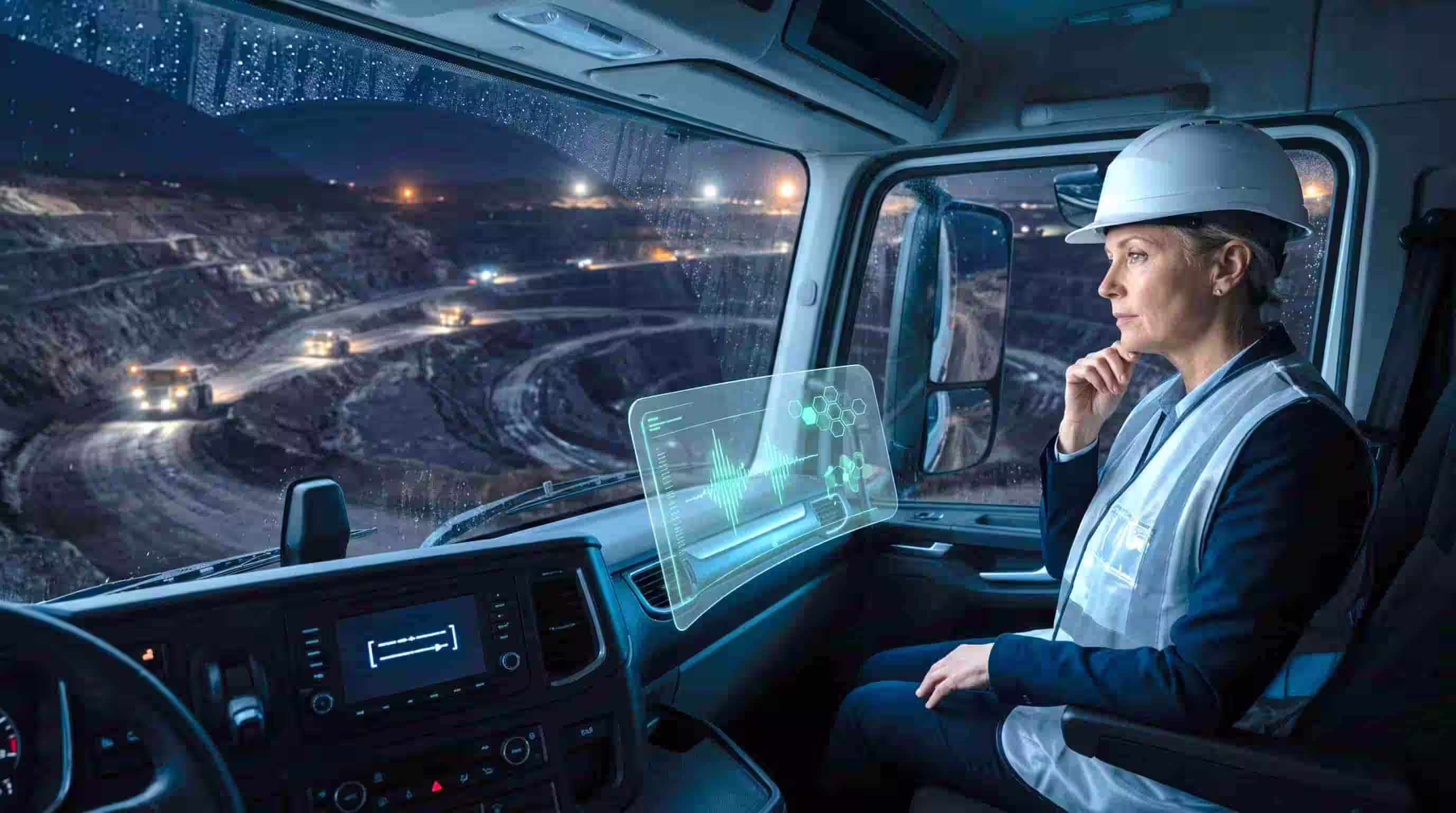 Project Assurance professional in hard hat and vest monitors digital screen inside truck overlooking nighttime mining site.