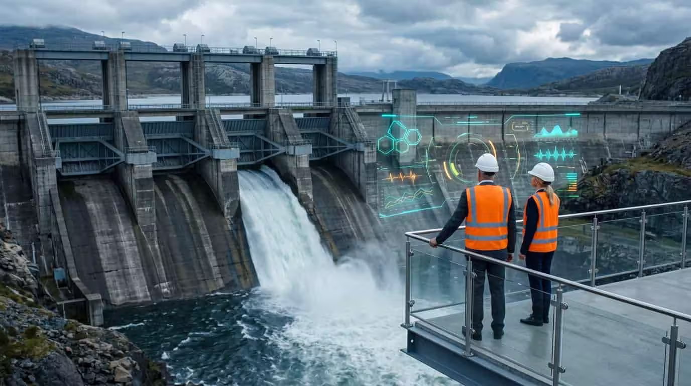 Two project assurance engineers in helmets and orange vests view data overlays near a large dam with flowing water.