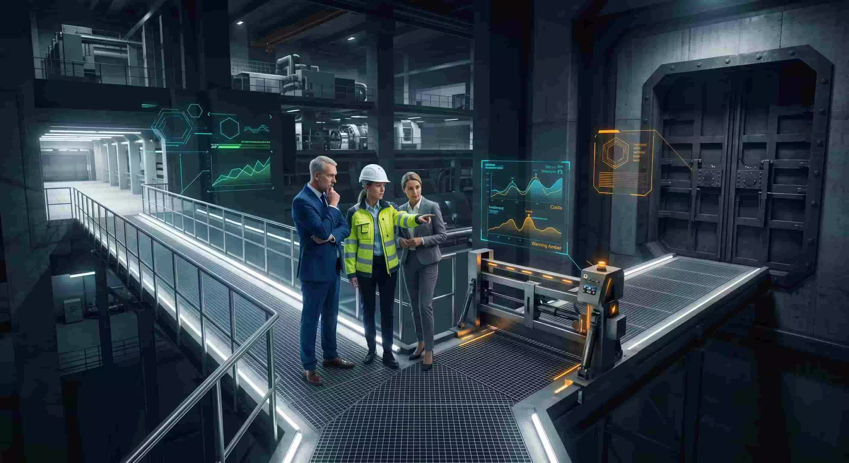 Three project assurance professionals review holographic data charts displayed in a modern industrial facility.
