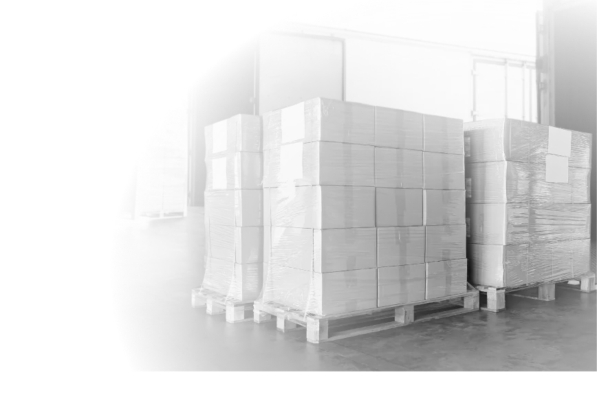 Wooden pallets stacked with shrink-wrapped cardboard boxes inside a warehouse loading dock.