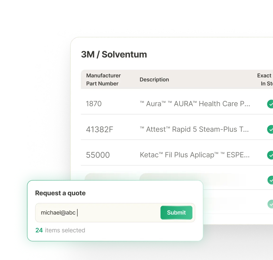 Part selection interface for 3M/Solventum with manufacturer part numbers and descriptions, and a request a quote form with an email input and submit button.