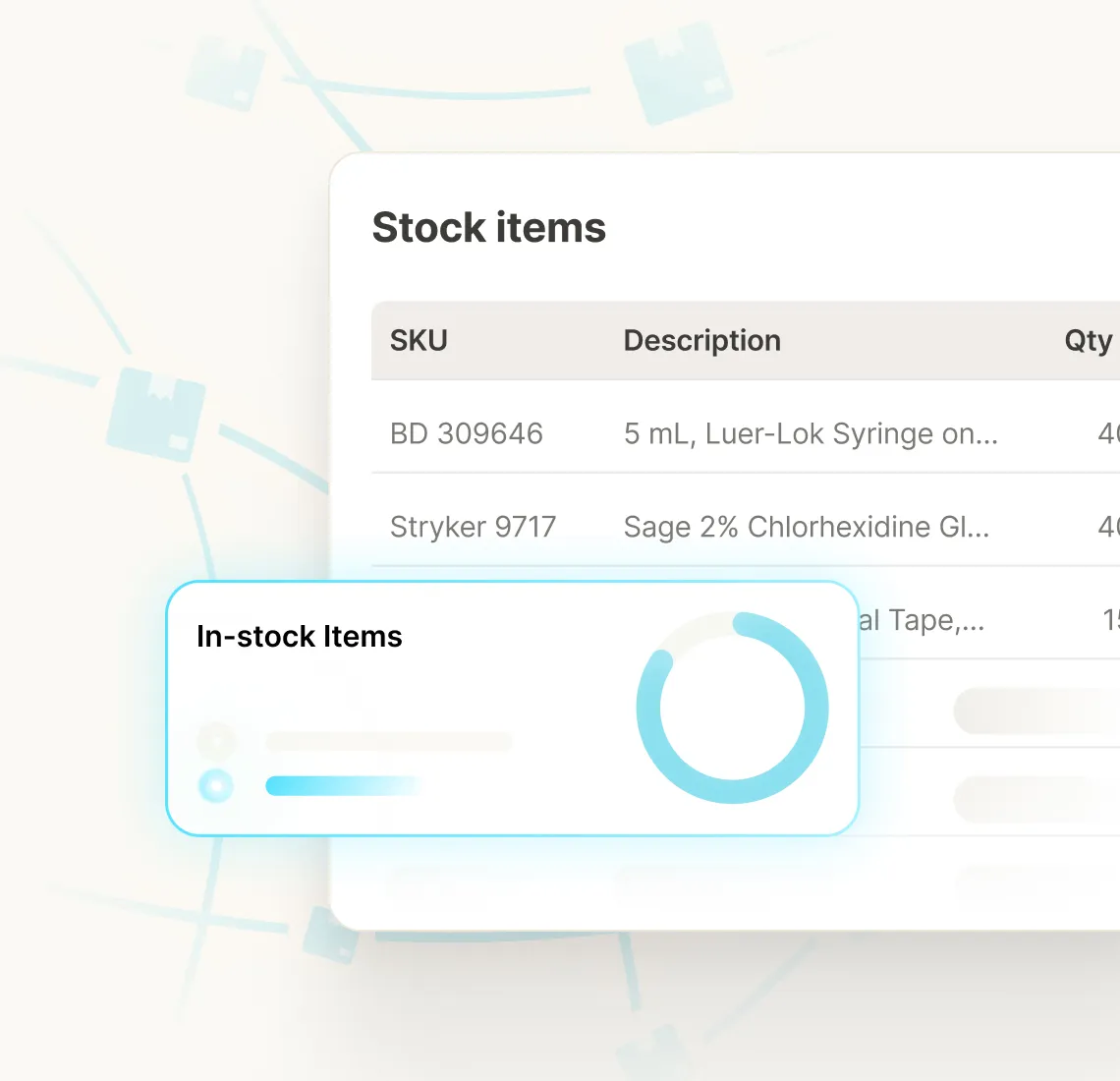 Partial view of a stock inventory list with SKU and description columns, showing items like BD 309646 syringe and Stryker 9717 antiseptic, alongside a circular progress chart labeled In-stock Items.