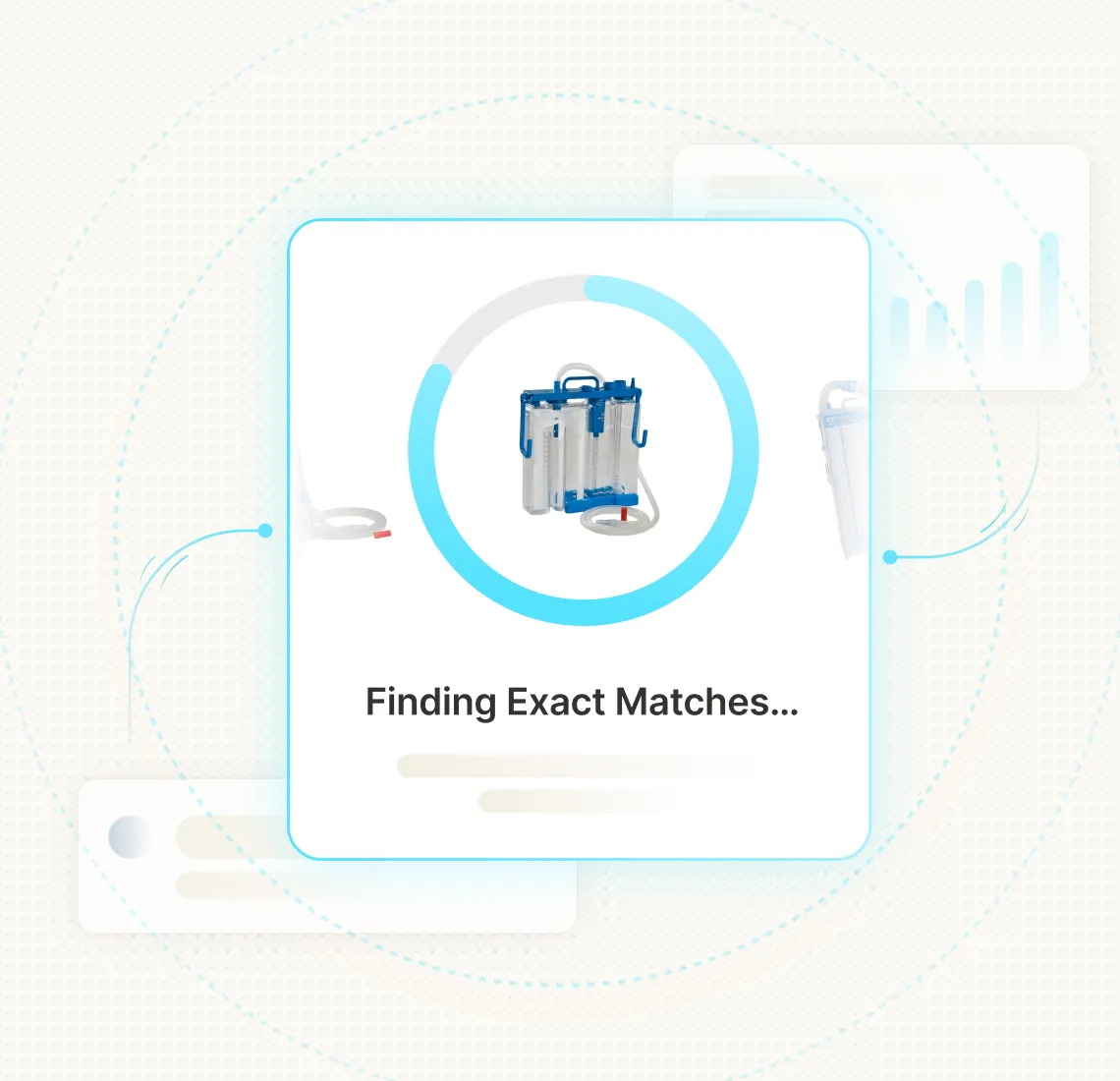 Digital interface showing a circular progress bar around an image of a blue and white medical suction device with the text 'Finding Exact Matches...'.