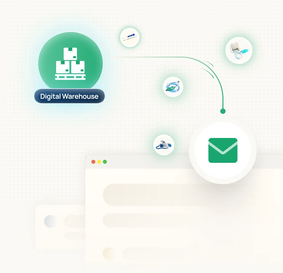 Illustration of a digital warehouse represented by stacked boxes linked to various medical devices and a green envelope icon symbolizing communication.