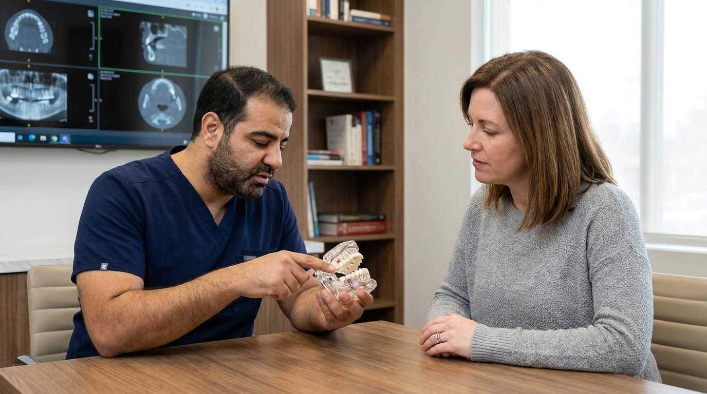 Photorealistic lifestyle dental scene: Danielle, sitting in a dental consultation room, actively listening to a male dentist (Dr. Mark Farag) who is explaining something with a model of teeth and an implant.
