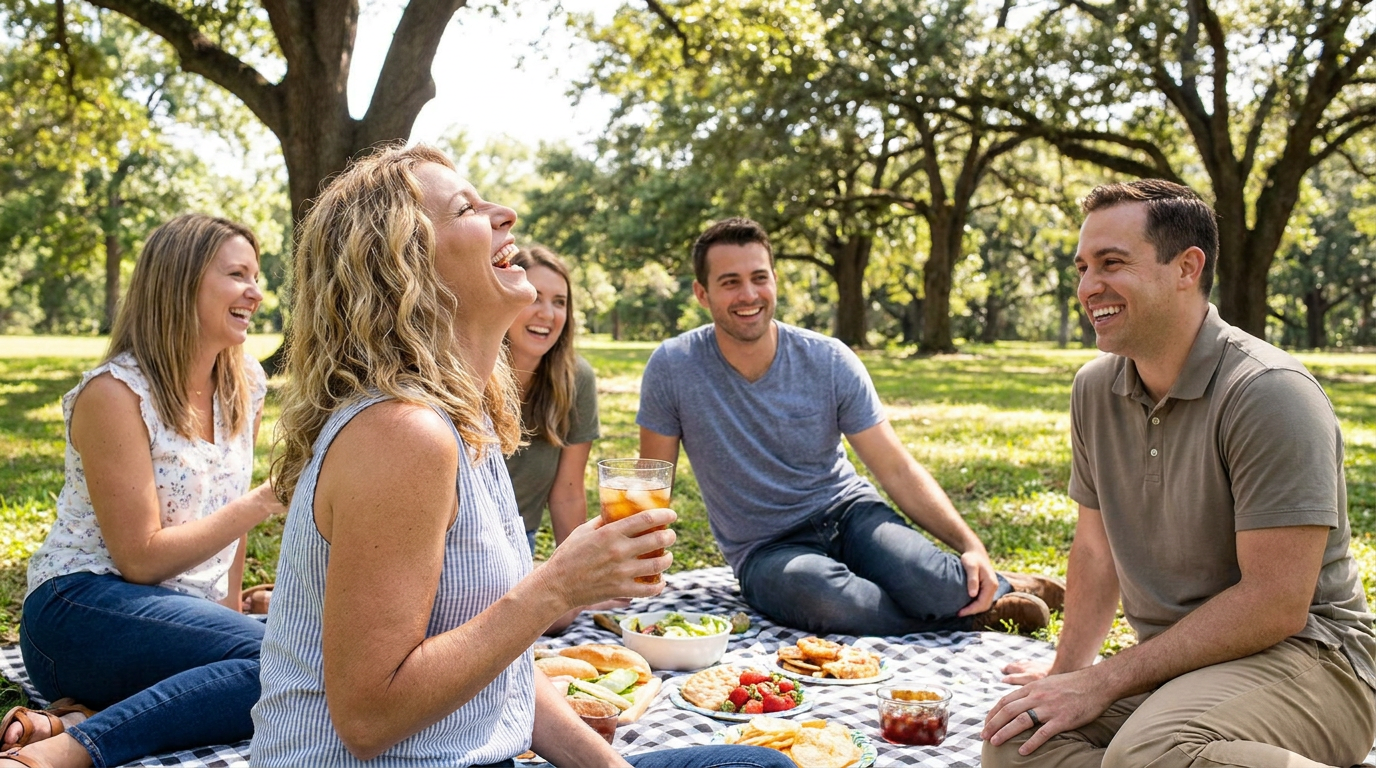 Photorealistic lifestyle dental scene: Danielle, laughing openly at a outdoor picnic with friends.