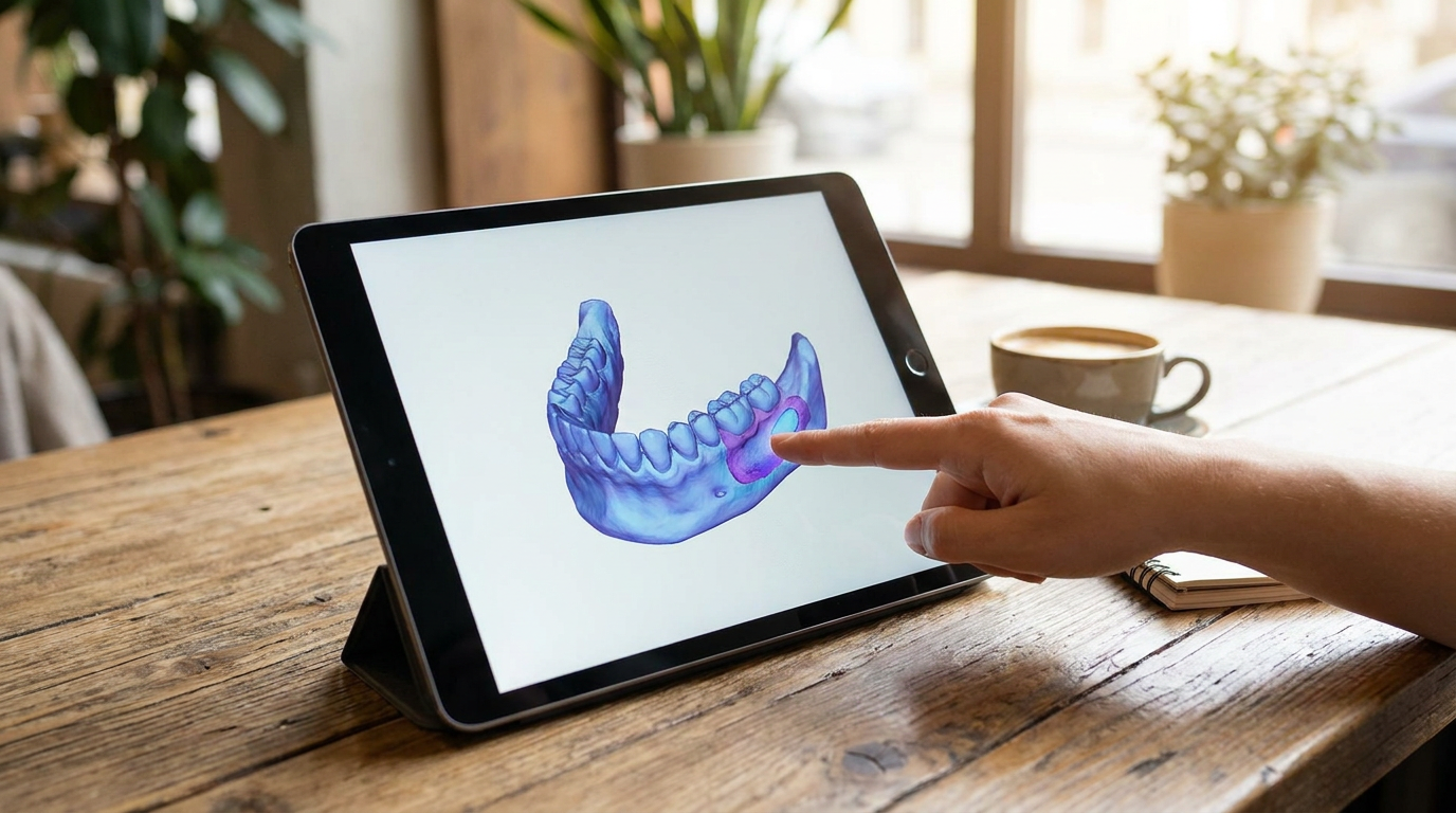 Photorealistic lifestyle dental scene: A tablet screen displaying a 3D dental scan, with a finger pointing to a specific jawbone area.