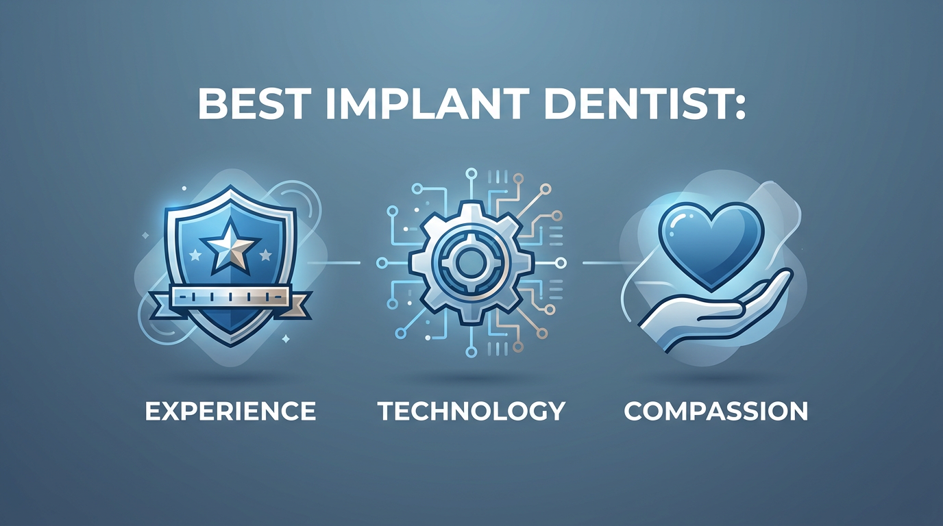 Minimal-text infographic-style visual: "Best Implant Dentist: Experience, Technology, Compassion" with three icons representing each keyword.