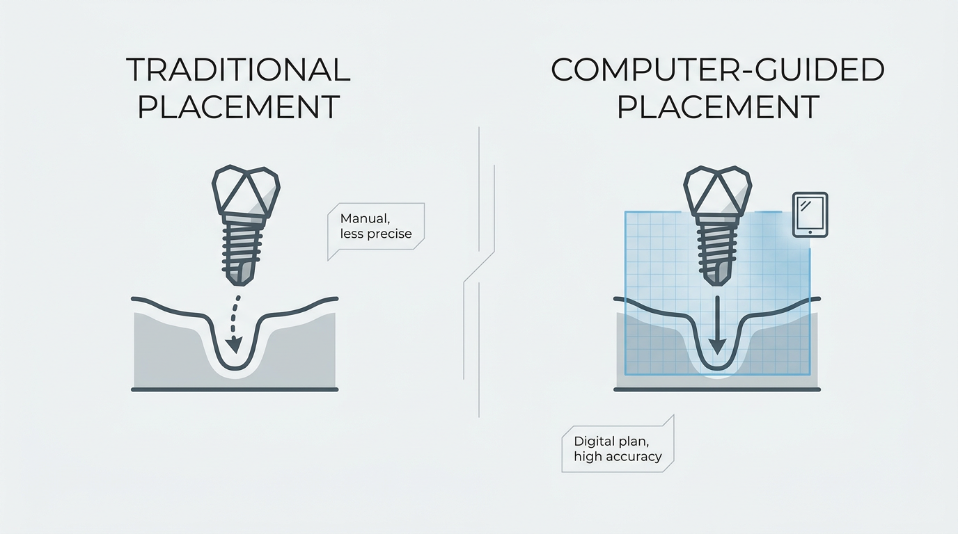 Minimal-text comparison visual: Two dental implant icons, one representing traditional placement and the other computer-guided placement with a more precise trajectory.
