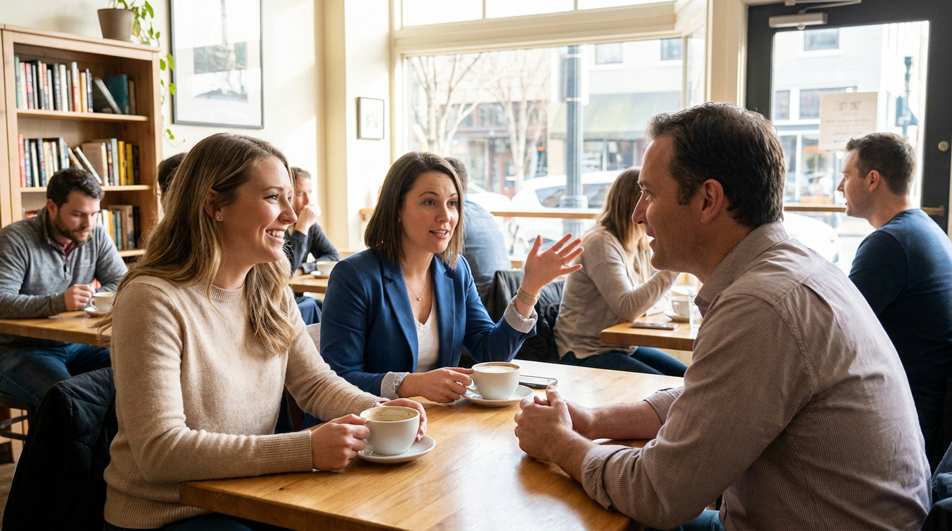 Photorealistic lifestyle dental scene: Ashley, and Catherine, talking animatedly over coffee cups in a bustling cafe.