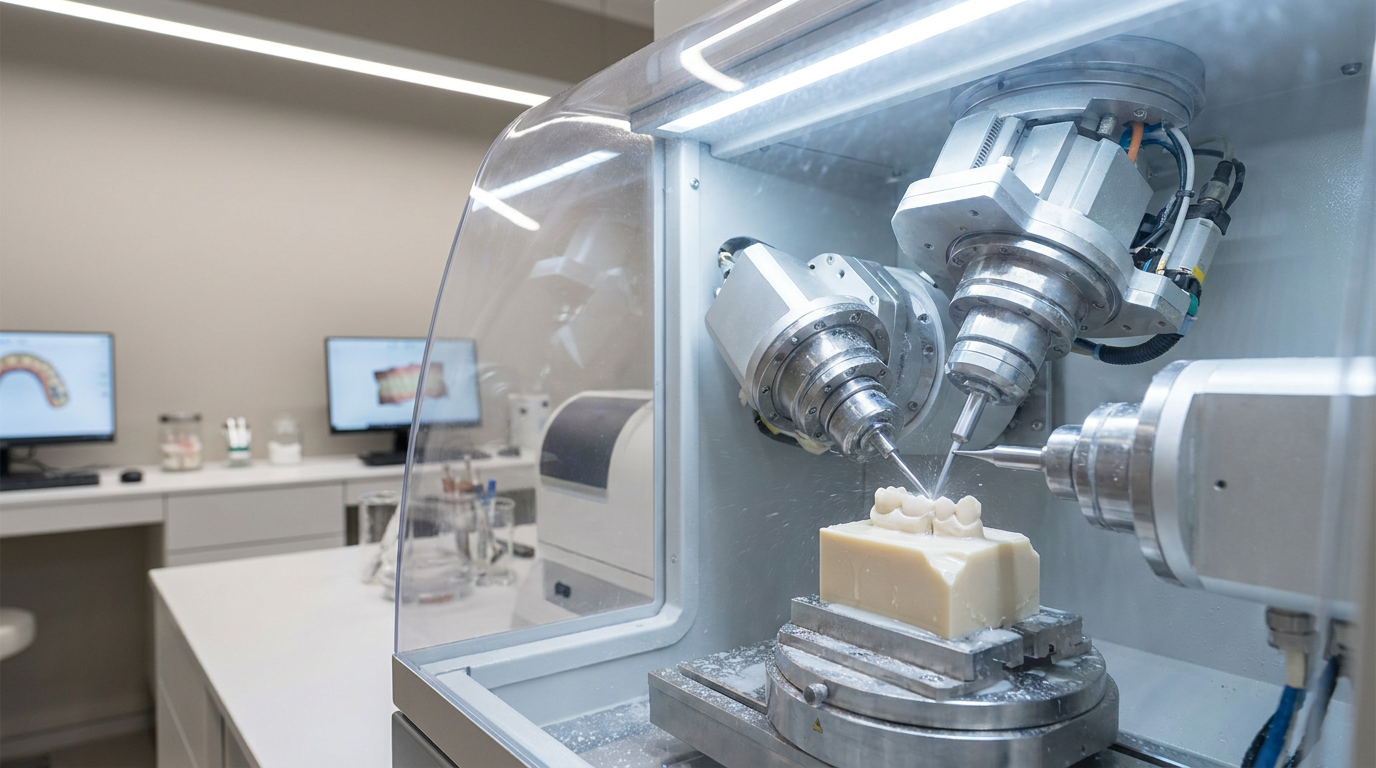 A high-tech milling machine in a modern dental lab, precisely carving a dental crown from a ceramic block.