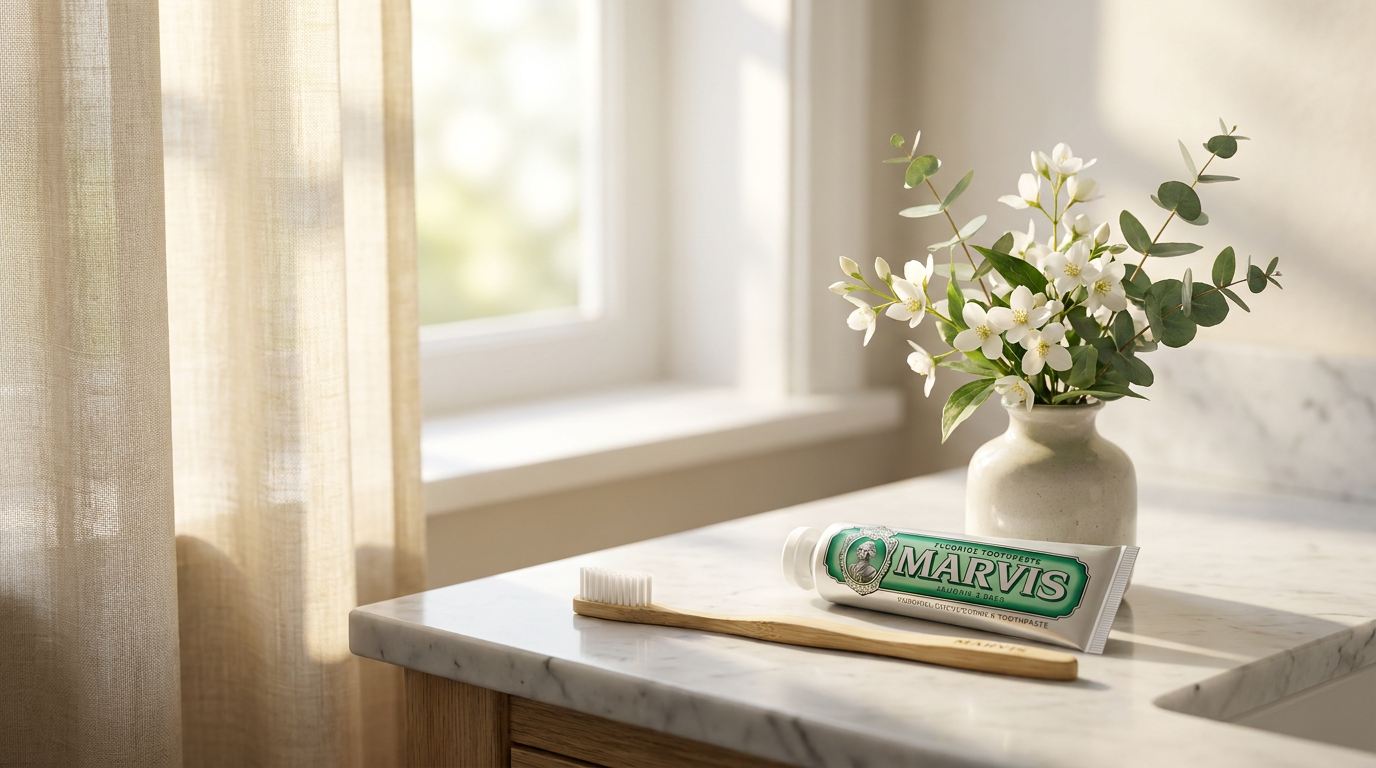 A clean toothbrush and a tube of fluoride toothpaste placed neatly on a marble bathroom counter, next to a small, fresh floral arrangement.