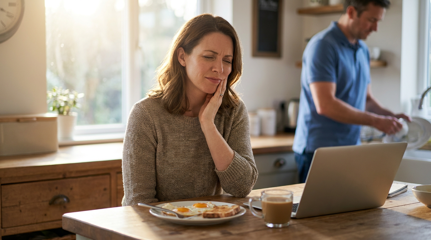 Claire, gently pressing a hand to her back molar, her expression showing mild discomfort, while sitting at her kitchen island with a half-eaten breakfast.