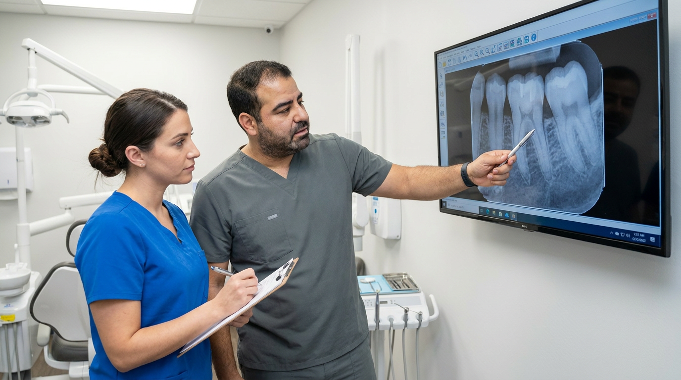Dr. Mark Farag, in a professional dental clinic, meticulously examining a digital X-ray image of a patient's molar on a large monitor, pointing to a compromised area with a pen.