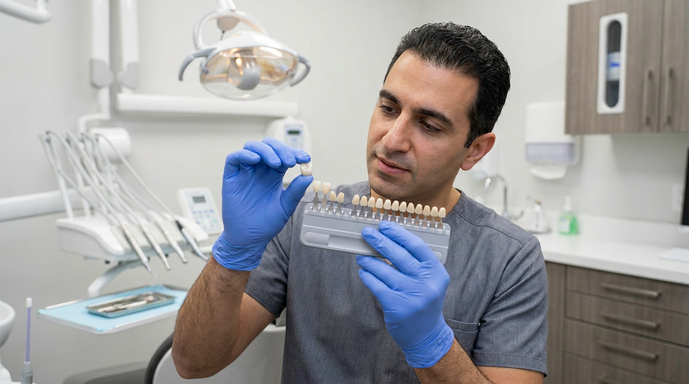 Dr. Mark Farag, holding up two custom-shaded ceramic crowns, comparing them against a dental shade guide to ensure a perfect match.
